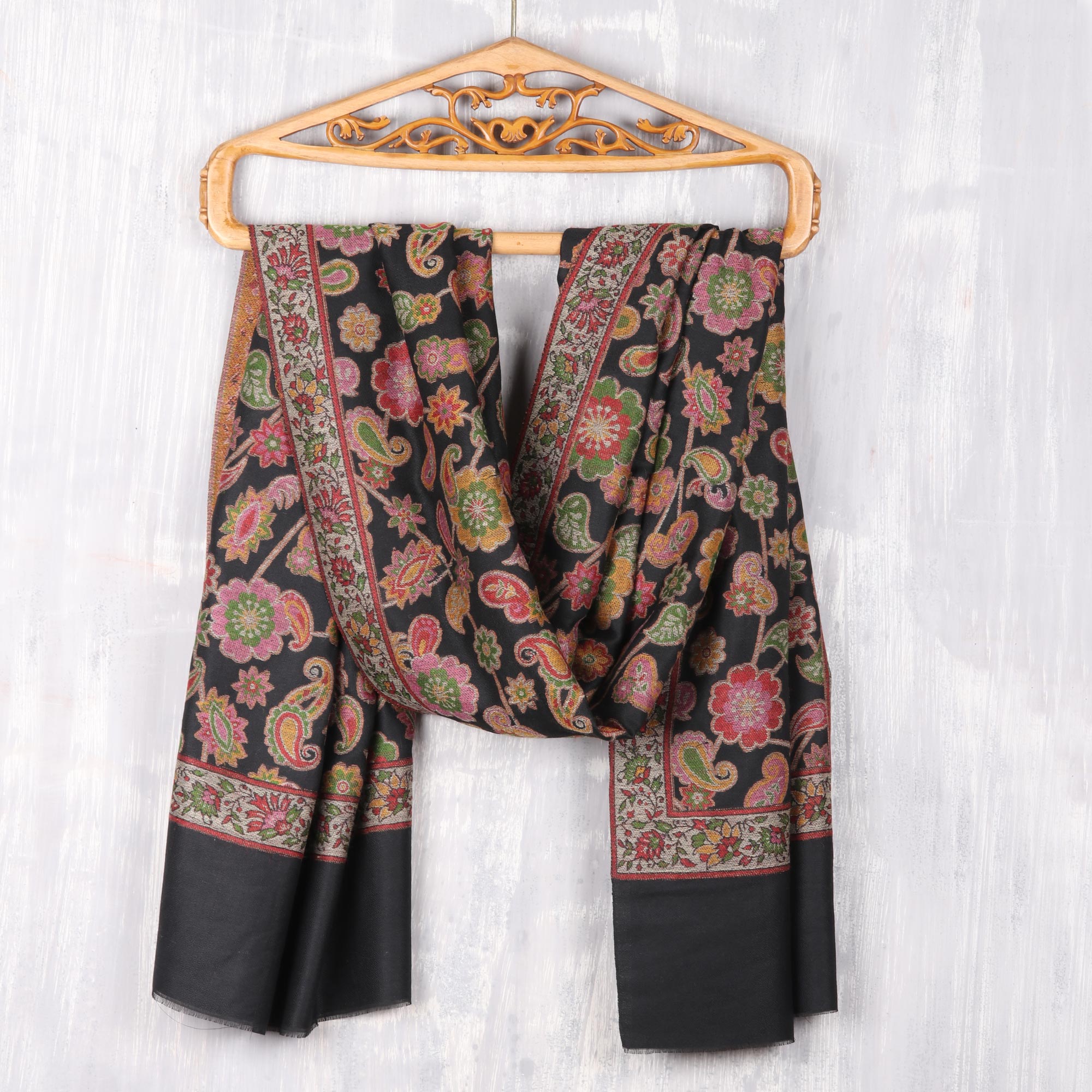 Premium Midnight Garden Floral Shawl - Handwoven Wool from India