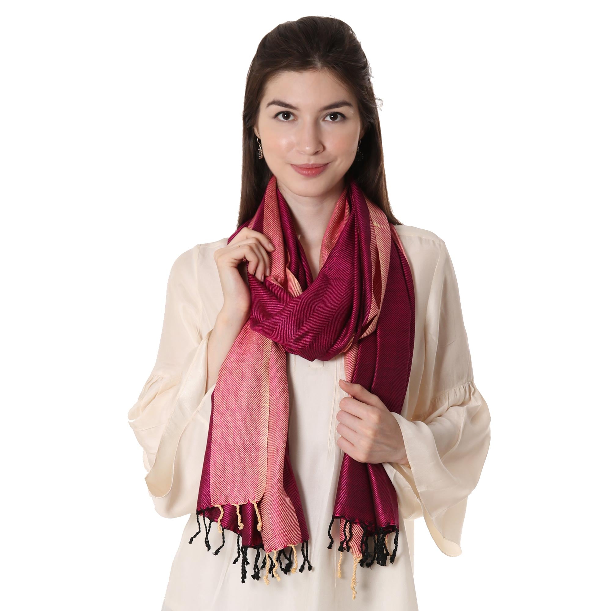 Premium Fuchsia & Parchment Silk Shawl – Handwoven Luxury from India