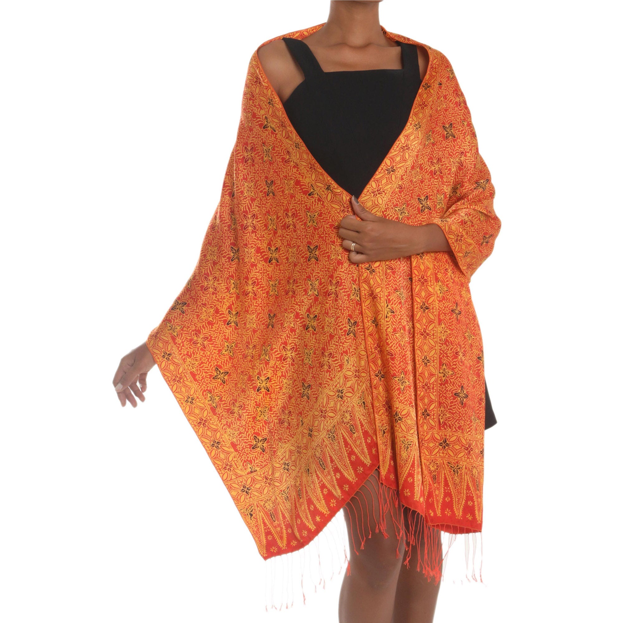 Premium Serene Garden Silk Shawl - Red & Yellow Batik Wrap