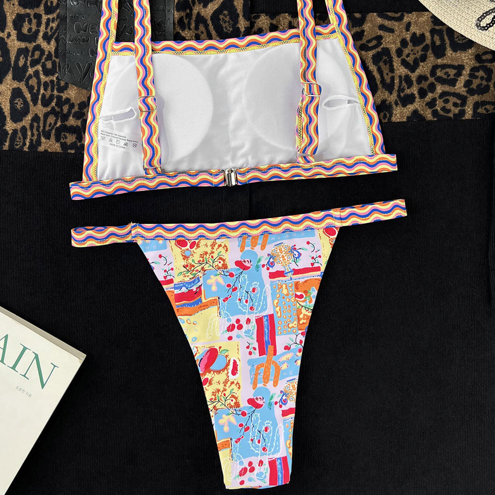 Premium Multicolor Wave Print Side-Boob Bikini Set