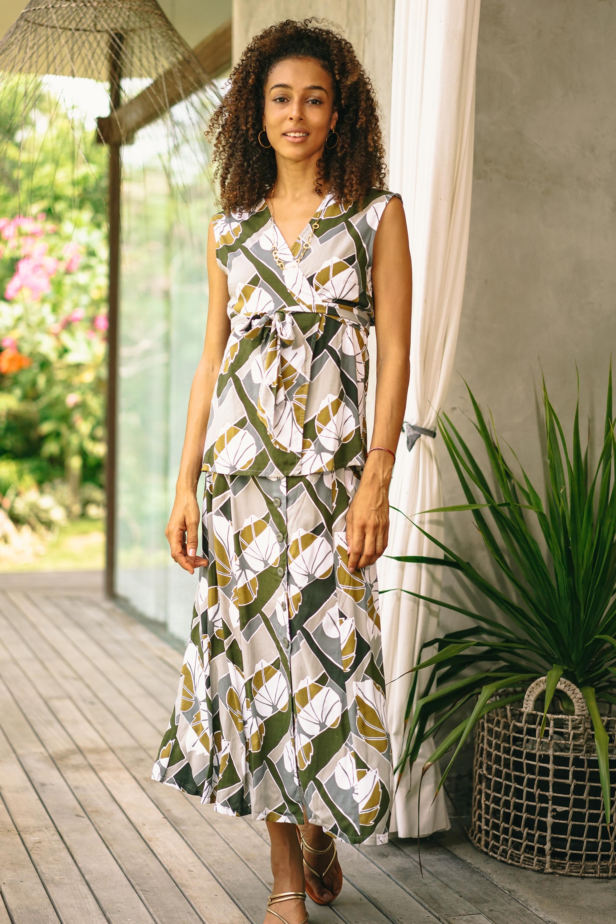 Premium Handcrafted Rayon Midi Skirt - Leaf-Themed Garden Party Essential