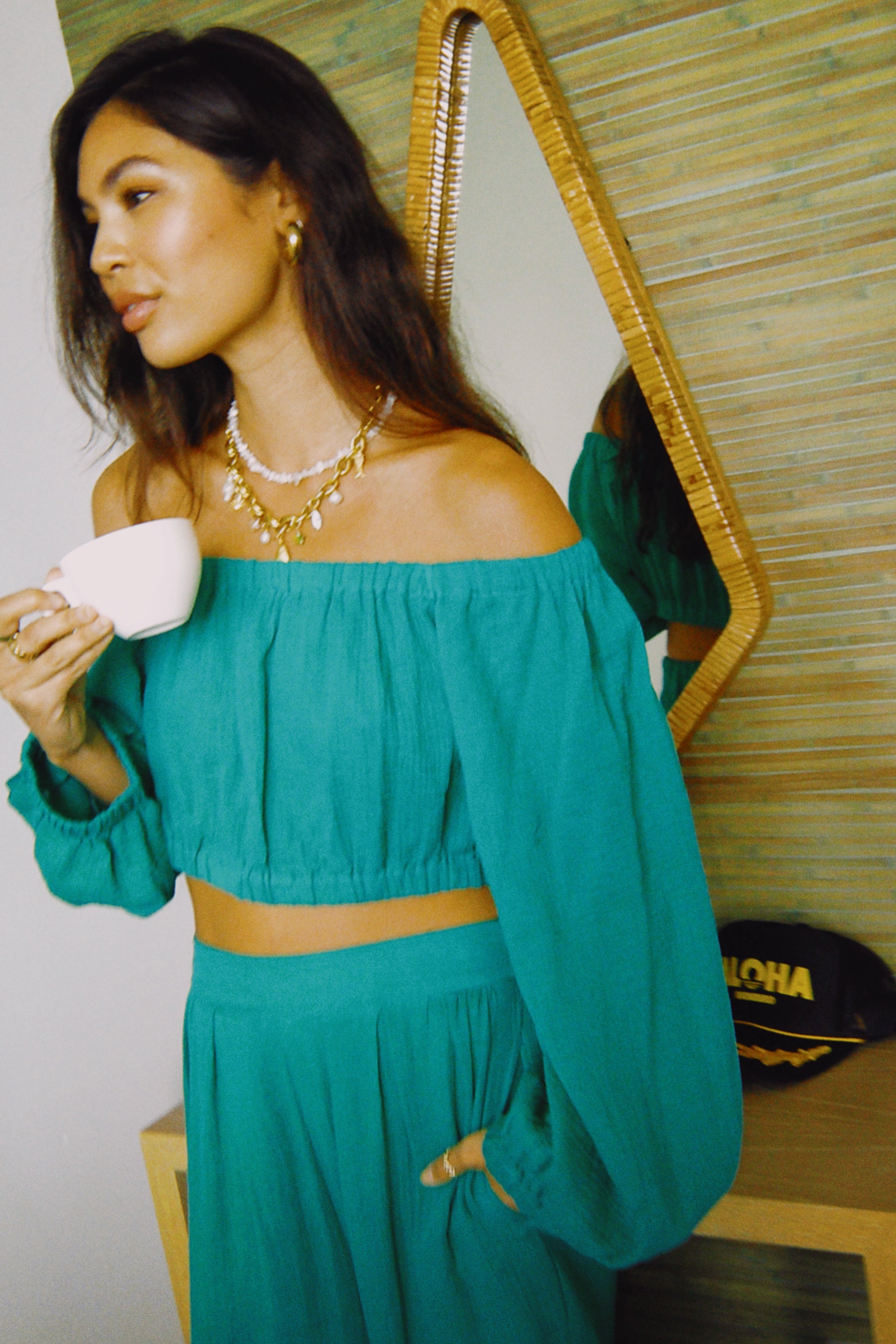 Premium Golden Trip Taylor Top - Stylish Green Off-Shoulder