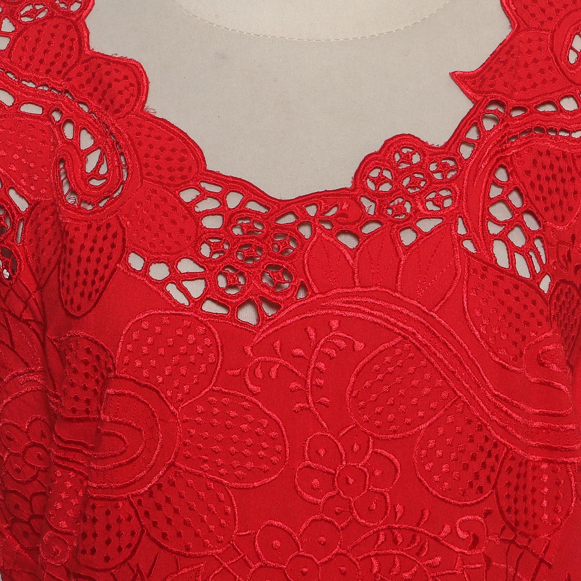 Premium Red Rose Mallow Rayon Top - Elegant Floral Openwork & Hand Embroidery