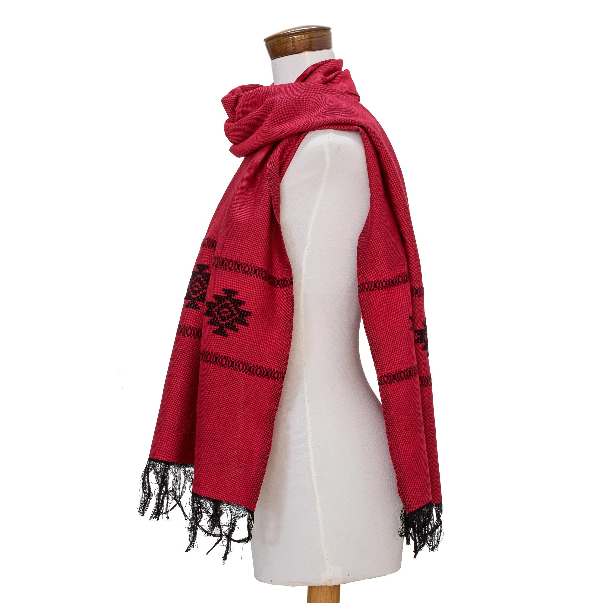 Premium Red Cotton Blend Scarf with Stepped-Fret Rhombus Design