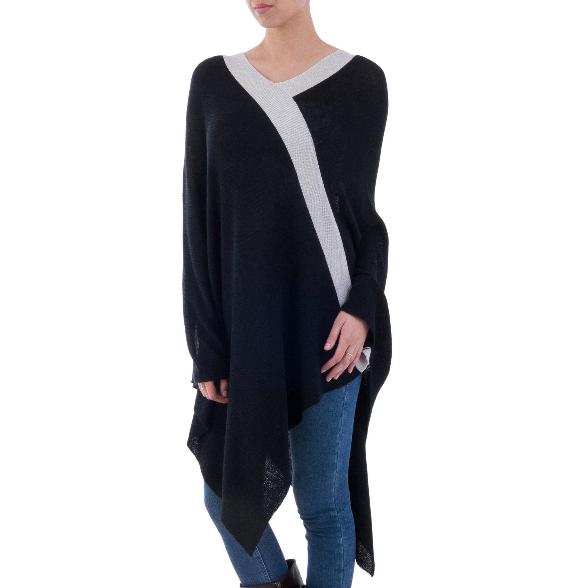 Premium Bohemian Knit Poncho - Black & Grey Elegance