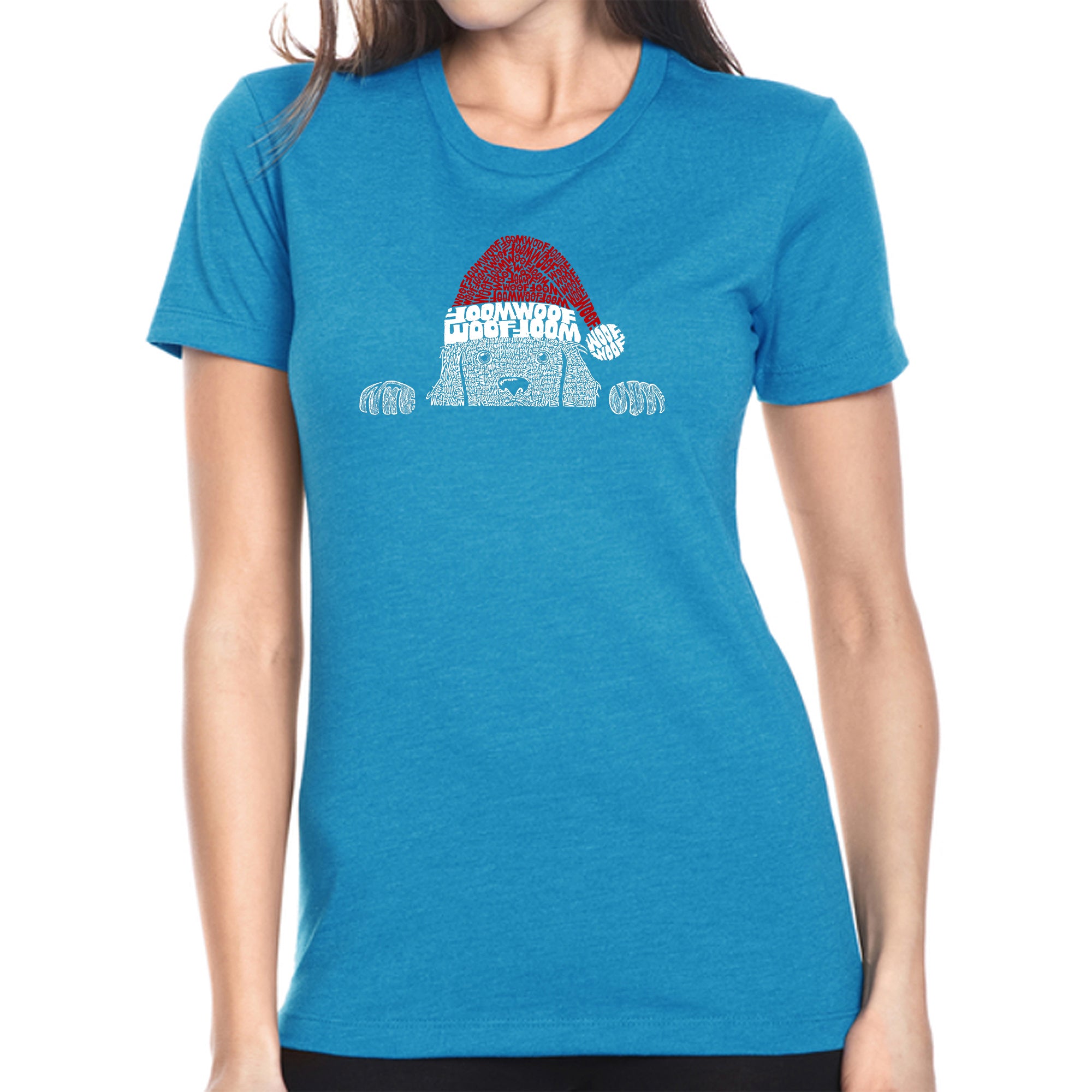 Premium Christmas Peeking Dog Women's T-Shirt - Festive Word Art Design