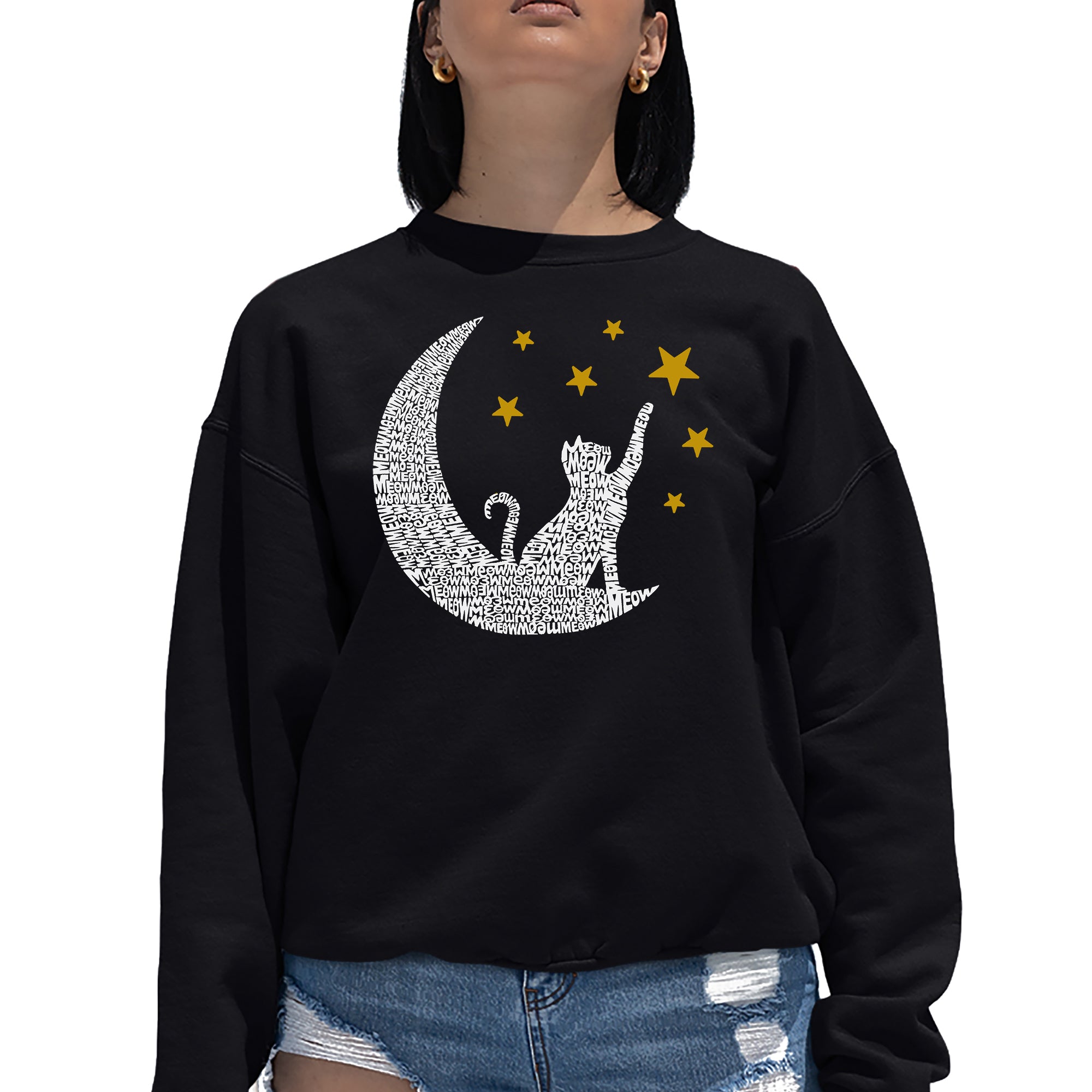 Premium Cat Moon Women's Word Art Crewneck Sweatshirt - Ultimate Comfort & Style