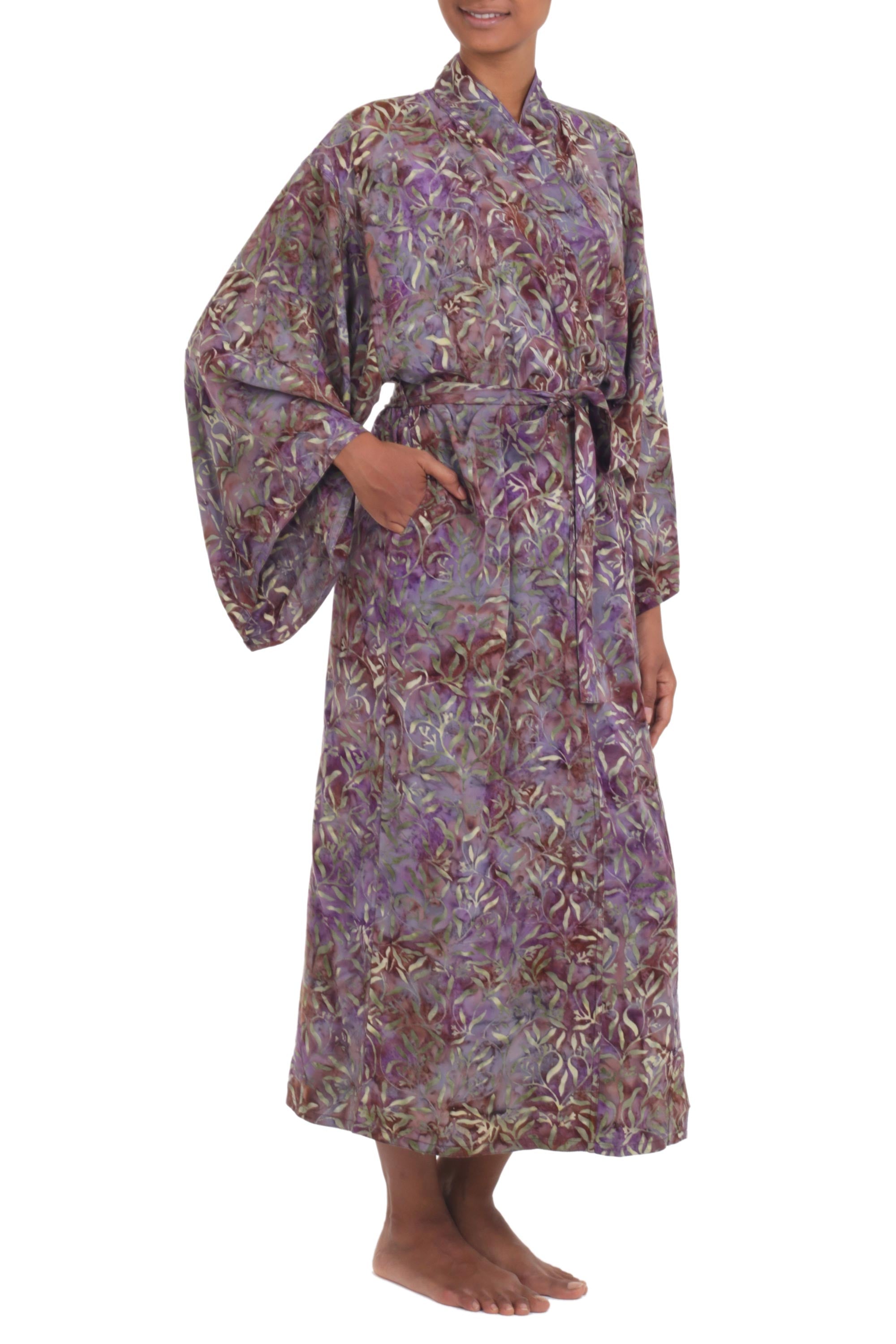 Premium Floral Mansion Rayon Robe - Sienna & Purple Batik Design