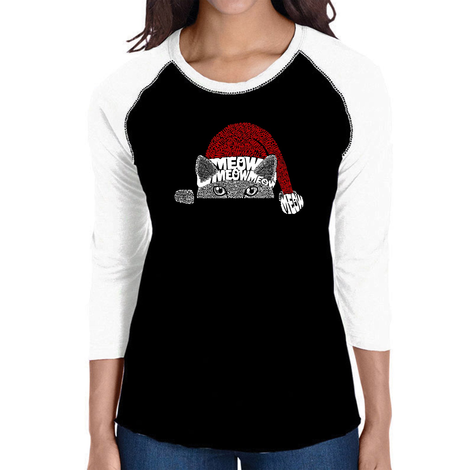 Premium Christmas Peeking Cat Women's Raglan Word Art T-Shirt - Ultimate Holiday Style