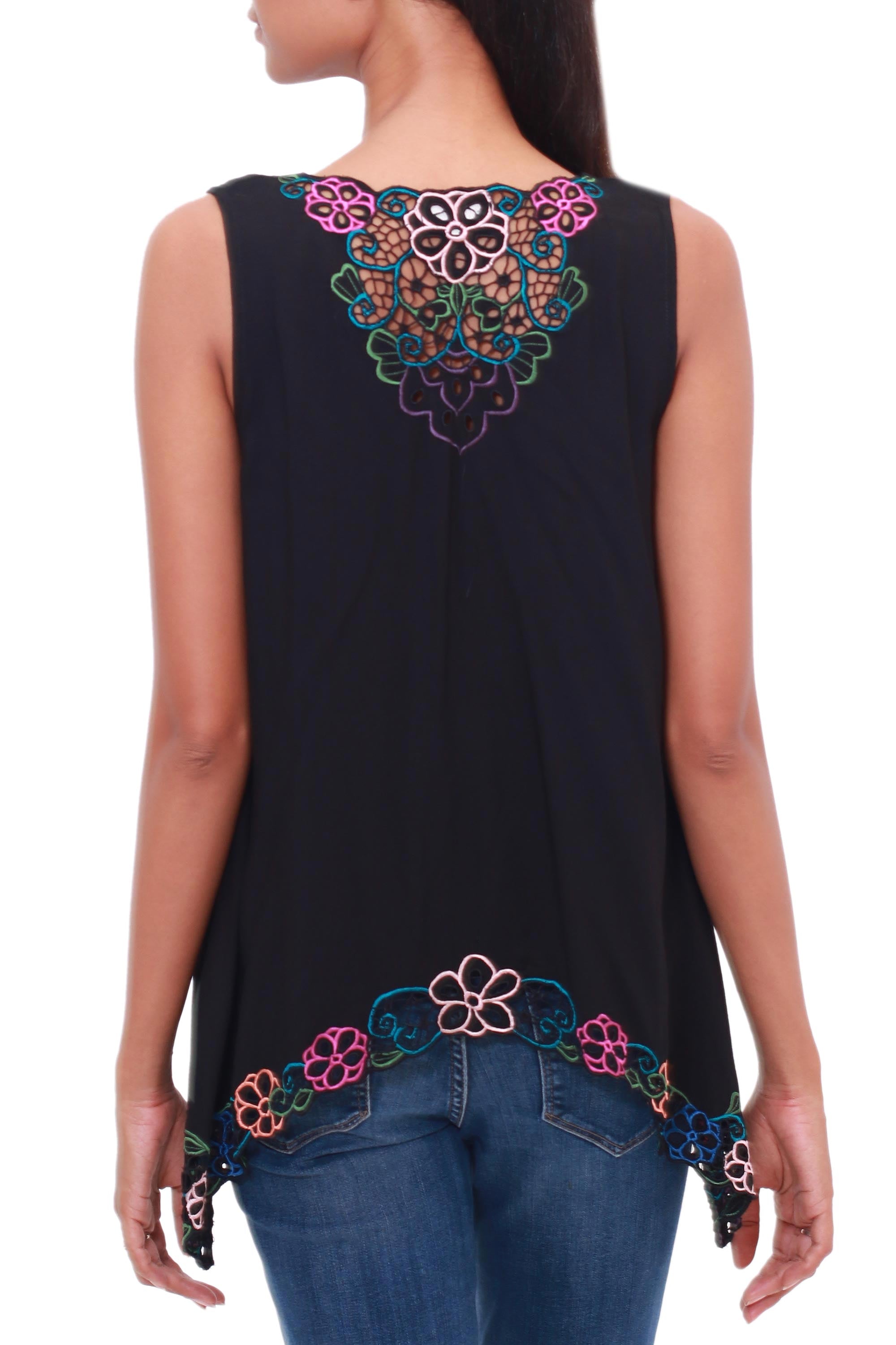 Premium Black Floral Embroidered Rayon Blouse - Handcrafted in Bali