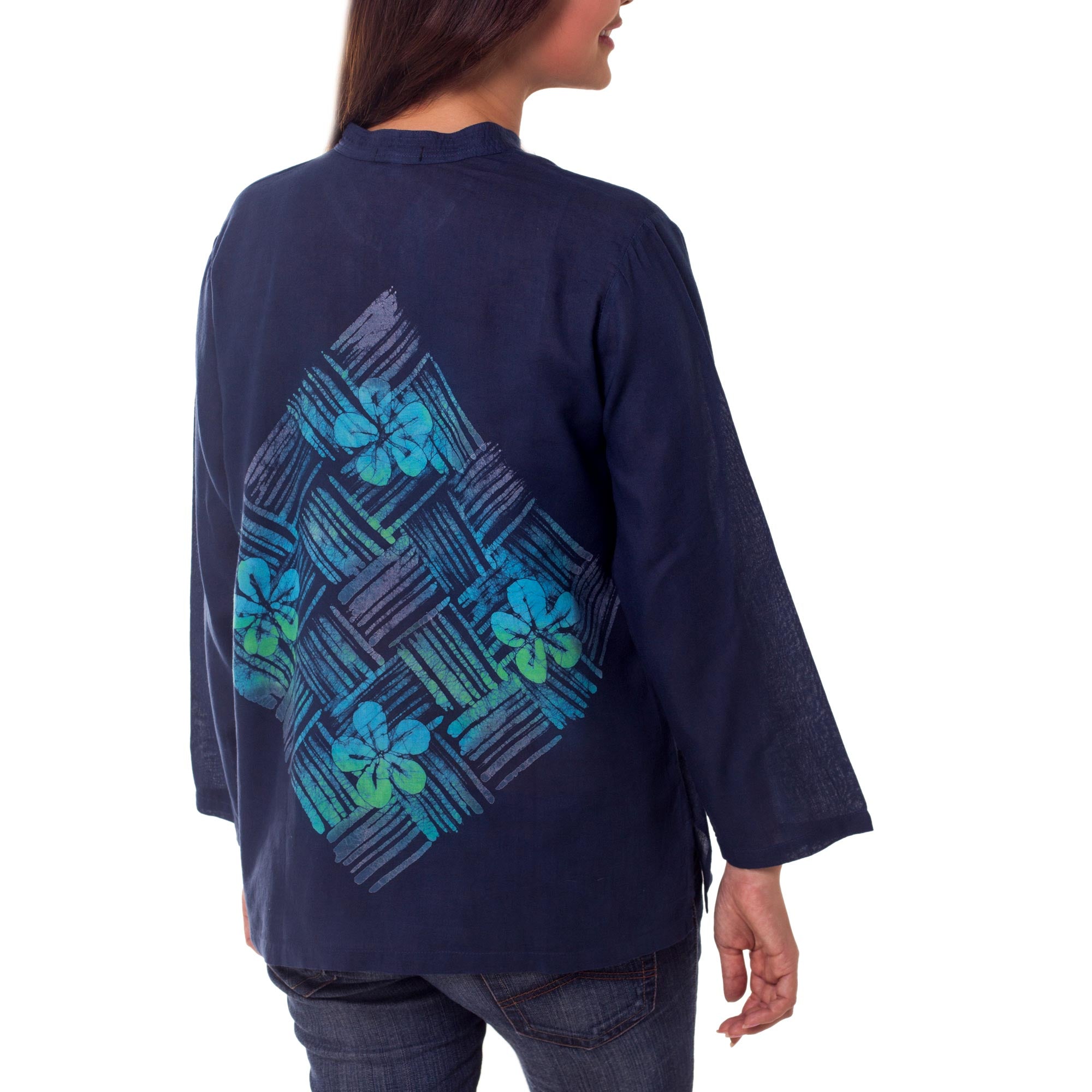 Premium Blue Frangipani Cotton Batik Tunic - Handmade Fair Trade