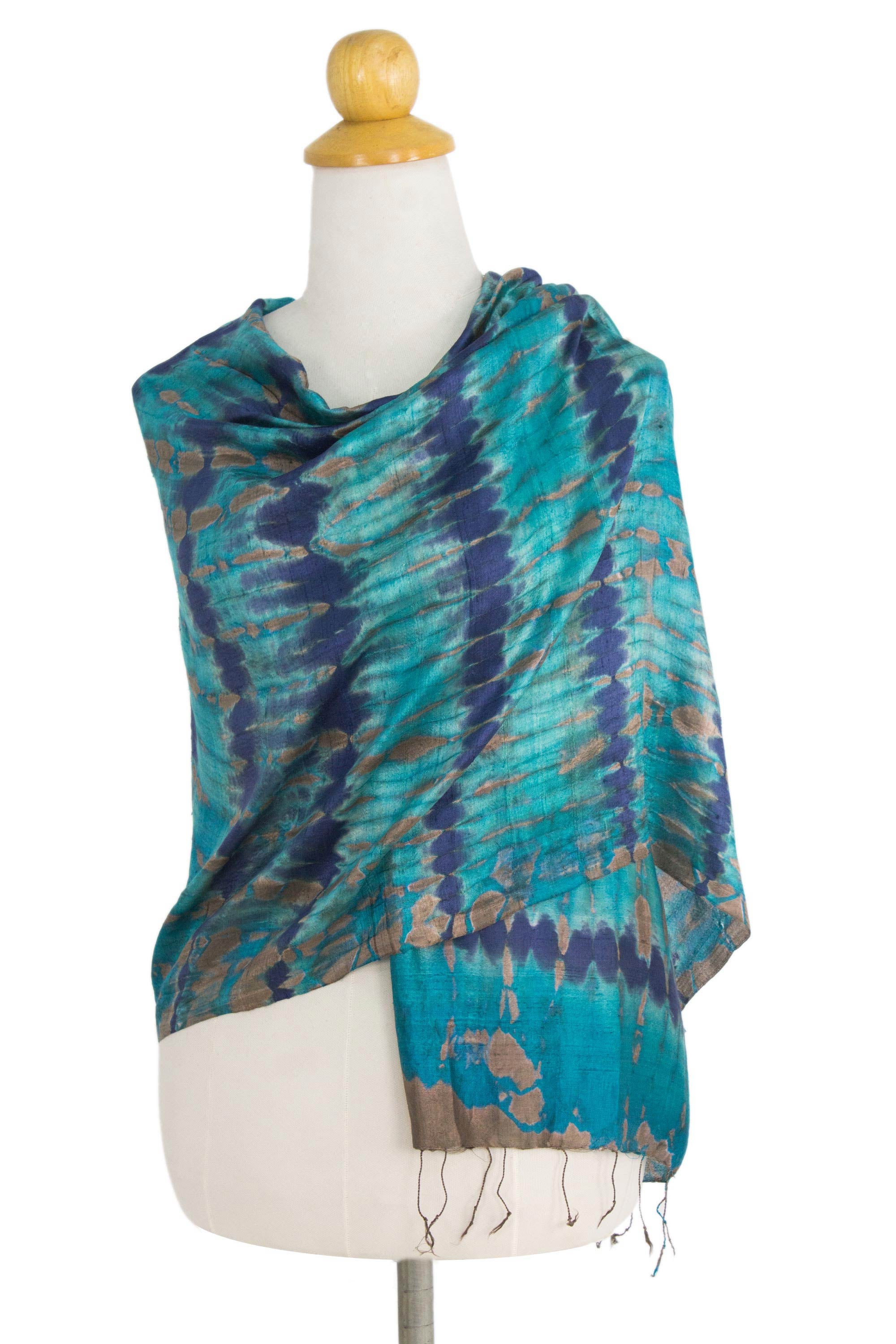 Premium Teal Reflecting Pools Silk Shawl - Thai Artisan Crafted Tie-Dye Elegance