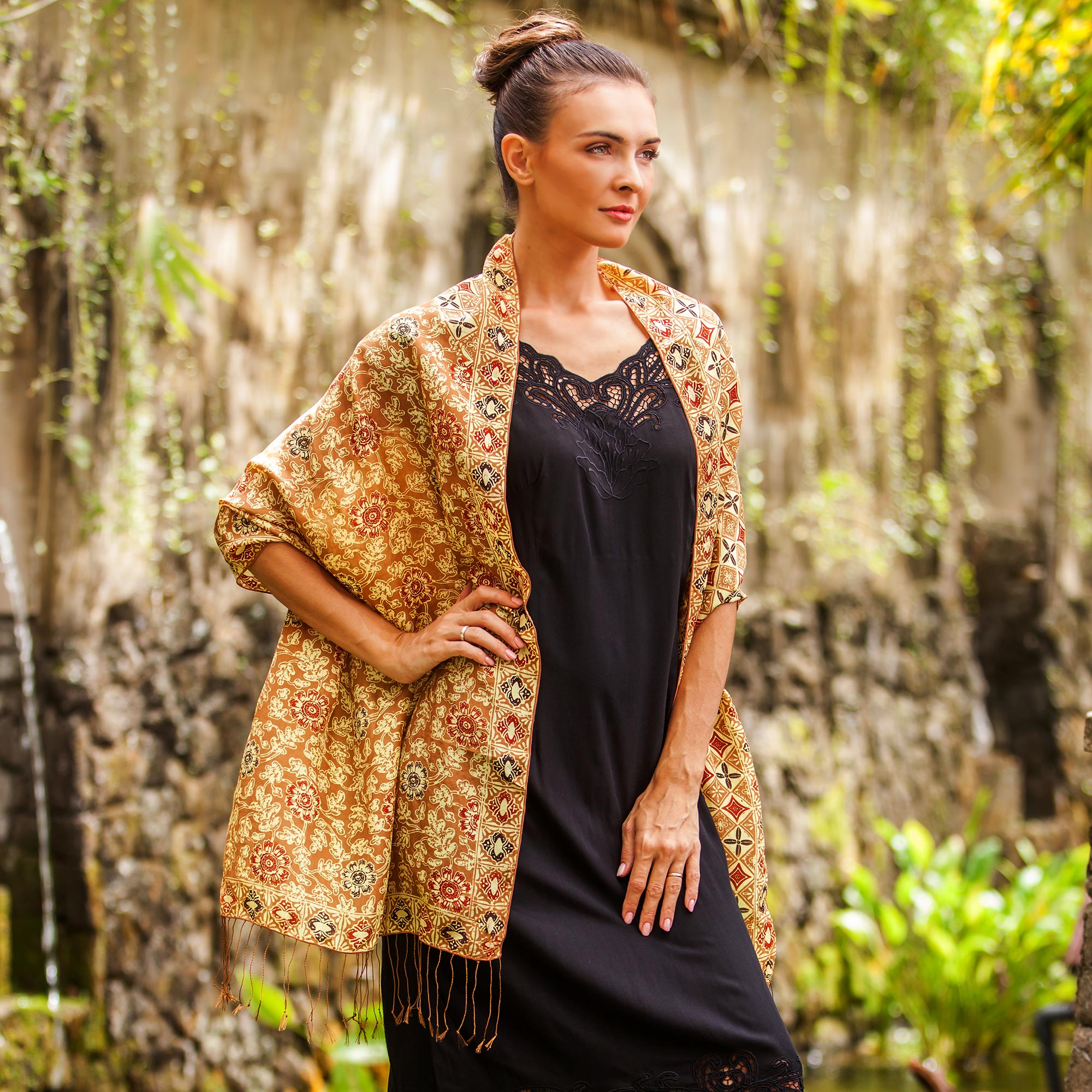 Premium Truntum Forest Ginger Batik Silk Shawl - Handcrafted in Bali