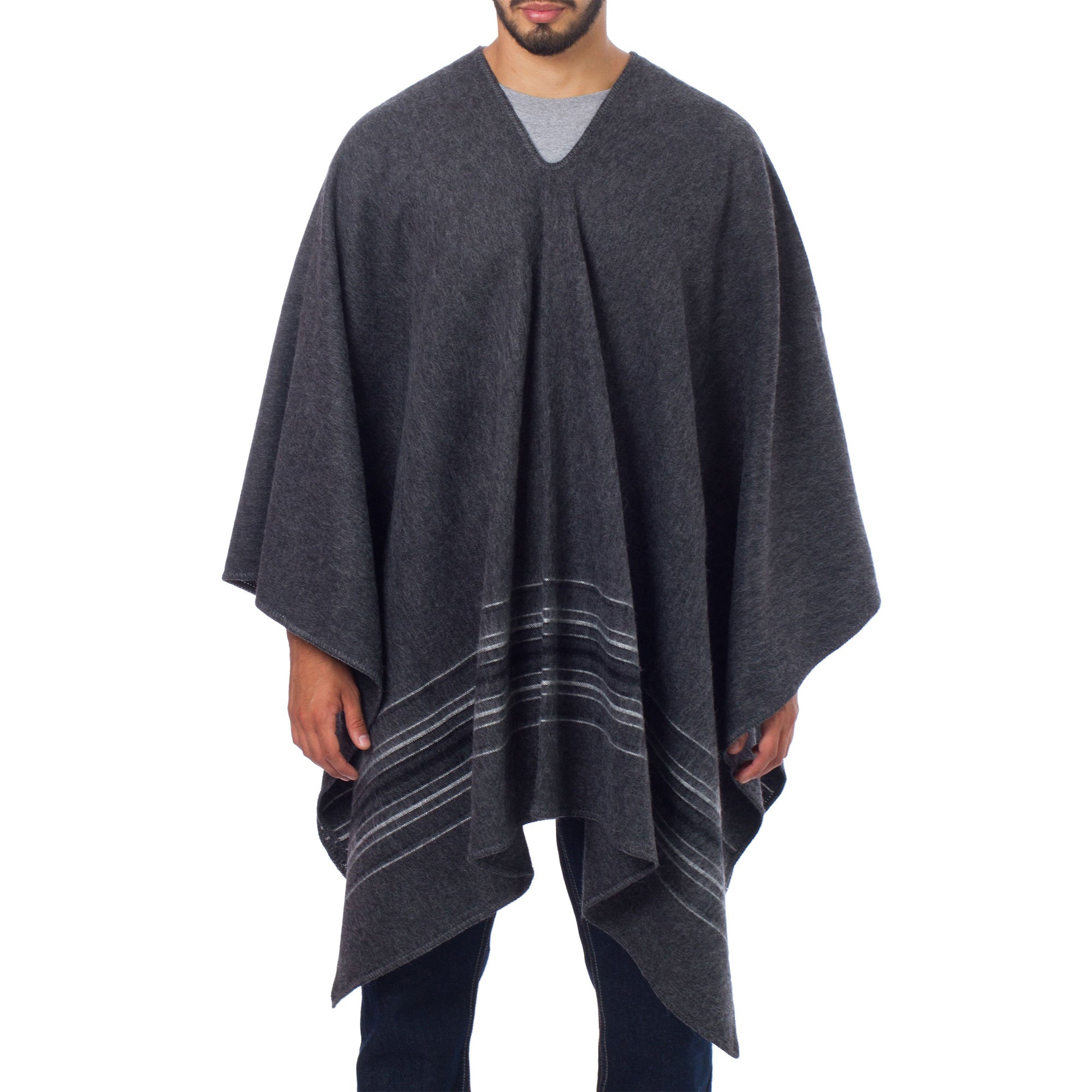 Premium Gray Nazca Striped Alpaca Poncho for Men - Ultimate Warmth & Style