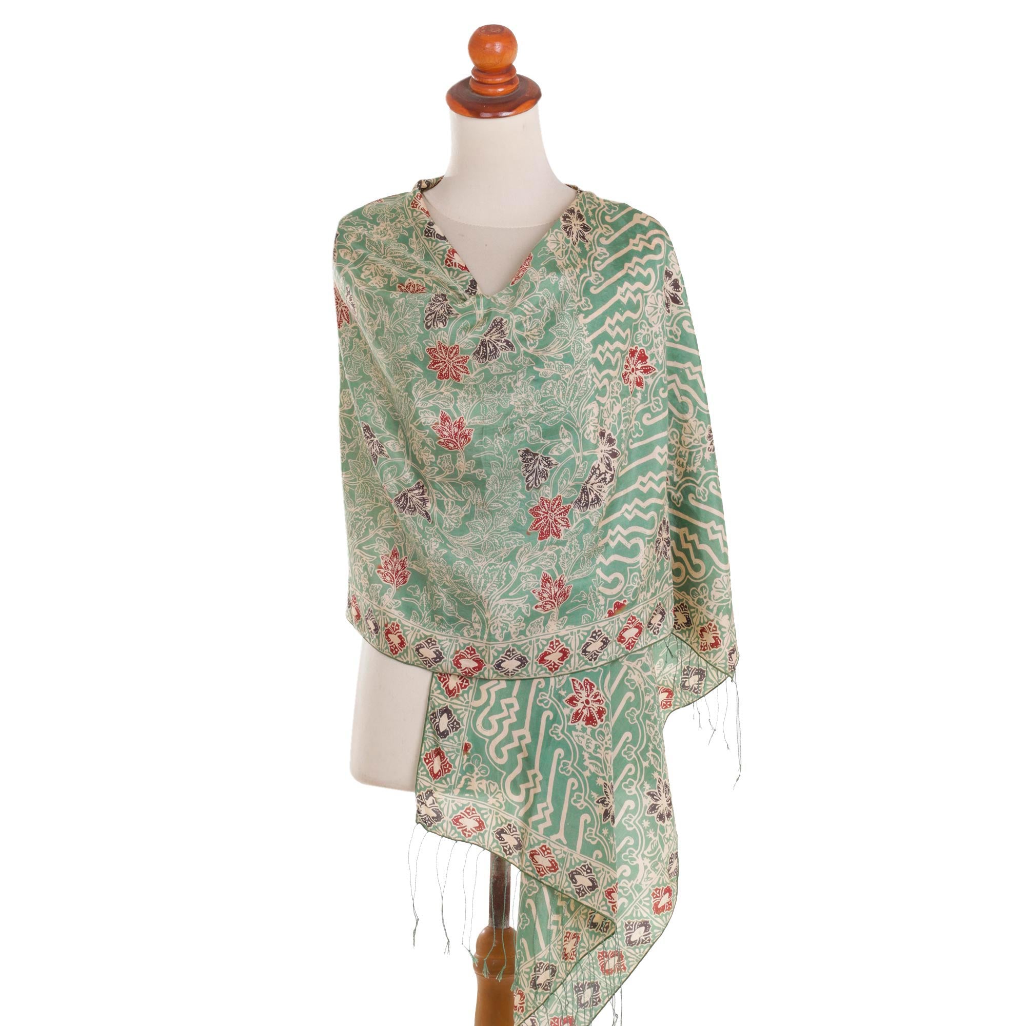 Premium Moss Green Batik Silk Shawl with Elegant Lily Motifs - Handcrafted in Bali