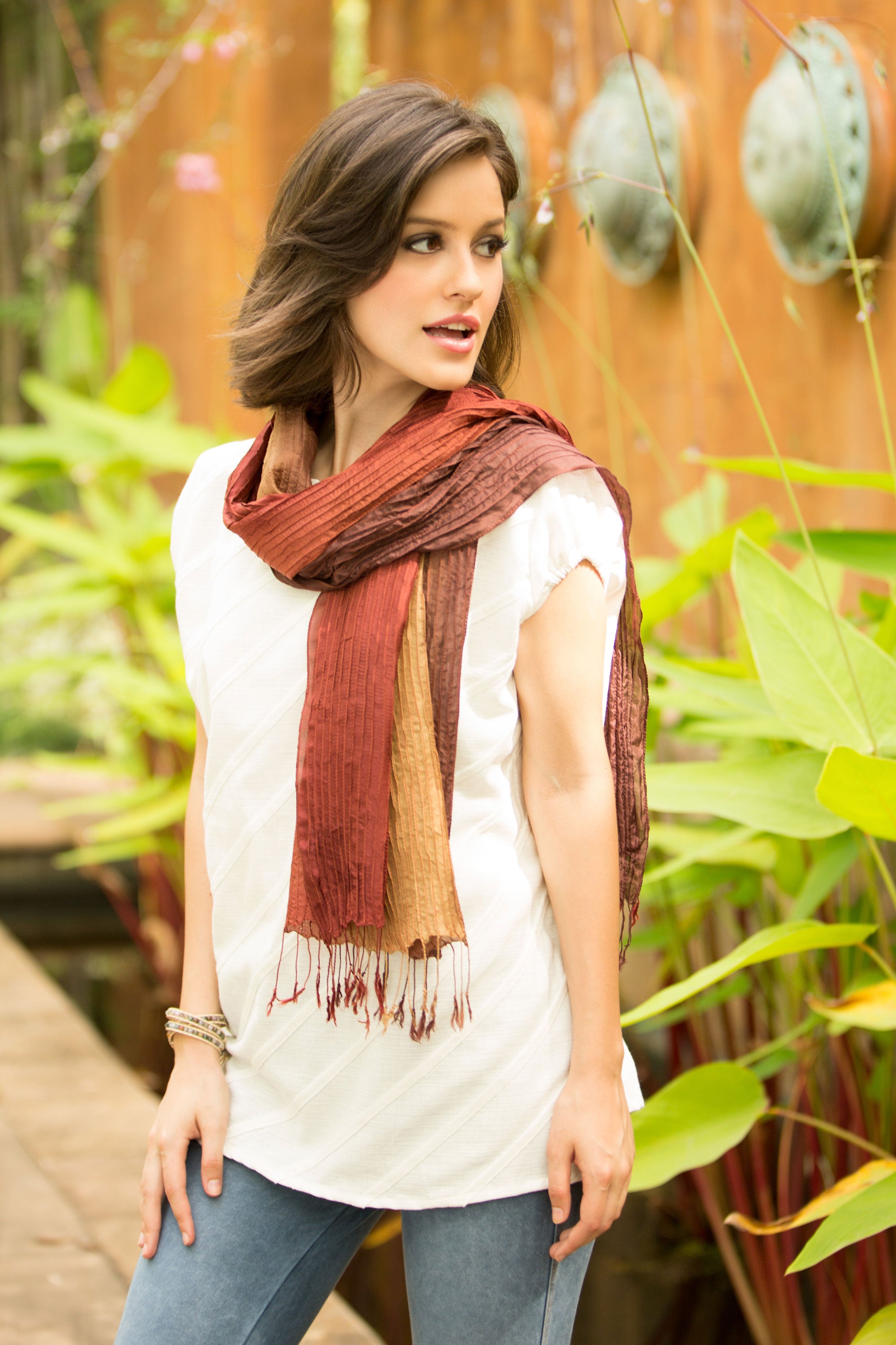 Premium Hand-Dyed Silk Scarf – Golden Brown Ombré from Thailand