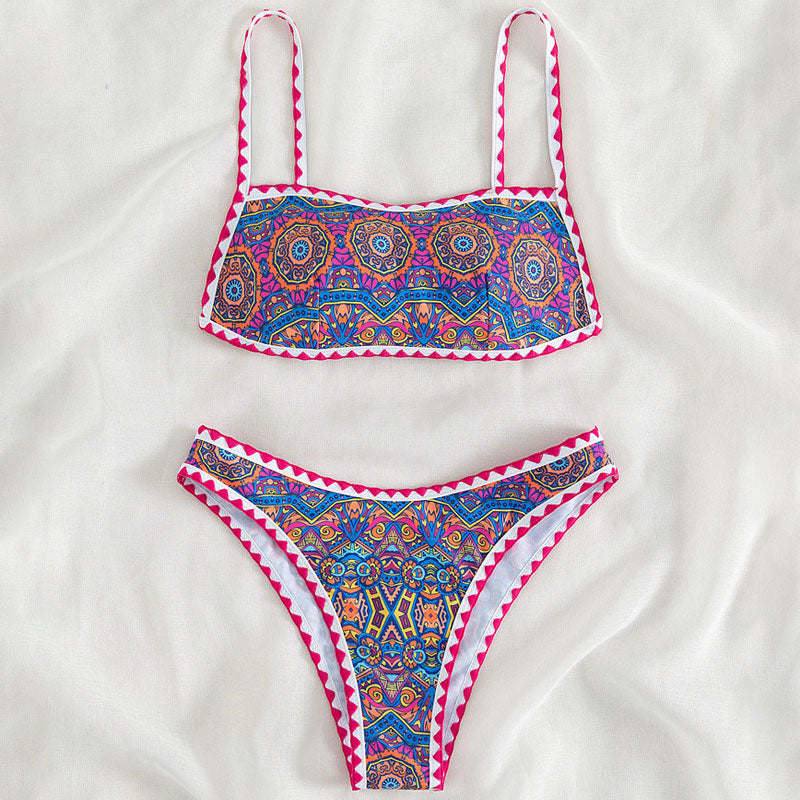 Premium Boho Print Crochet Trim Bikini Set - Adjustable & Removable Padding