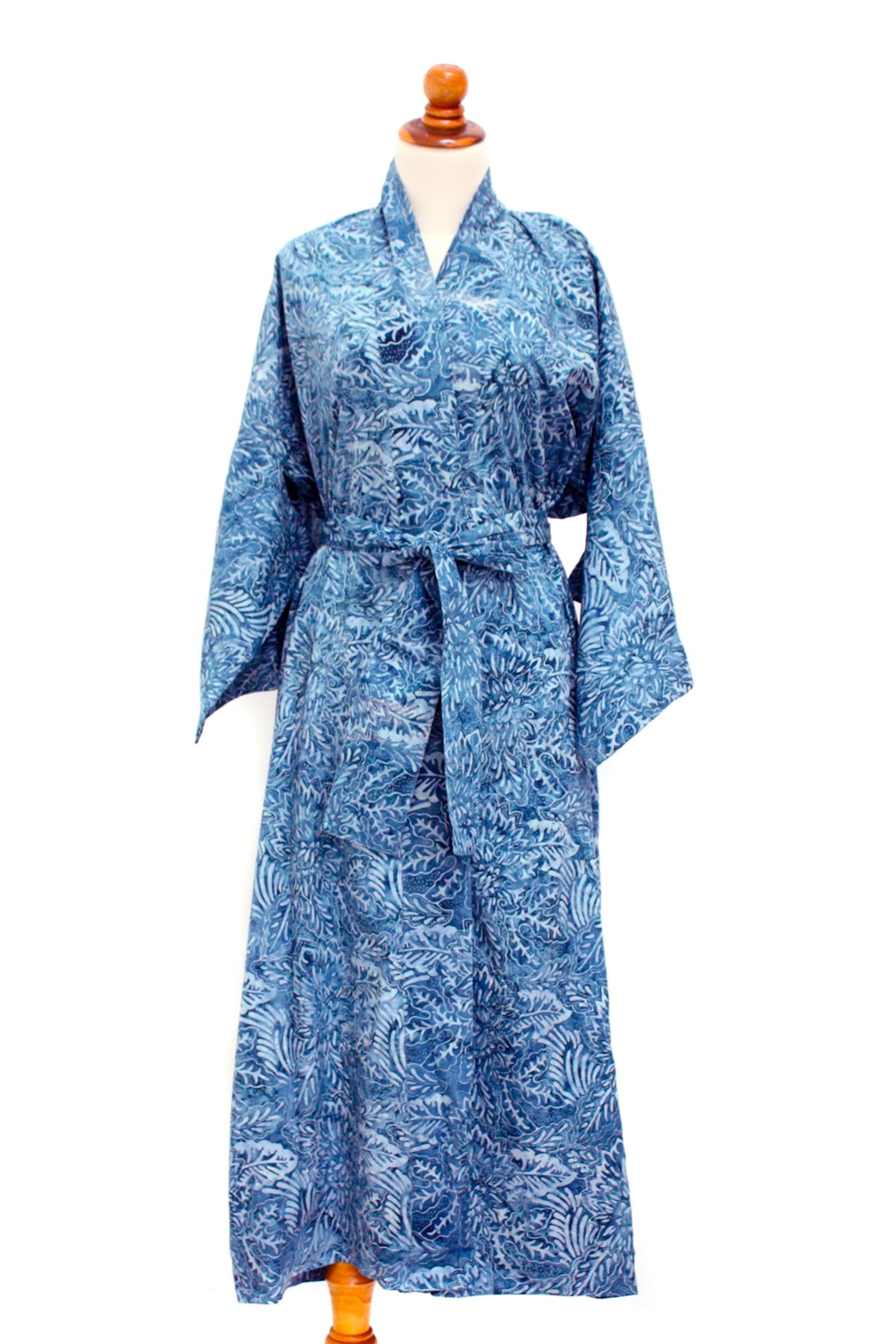 Premium Blue Forest Handcrafted Batik Cotton Kimono Robe for Women