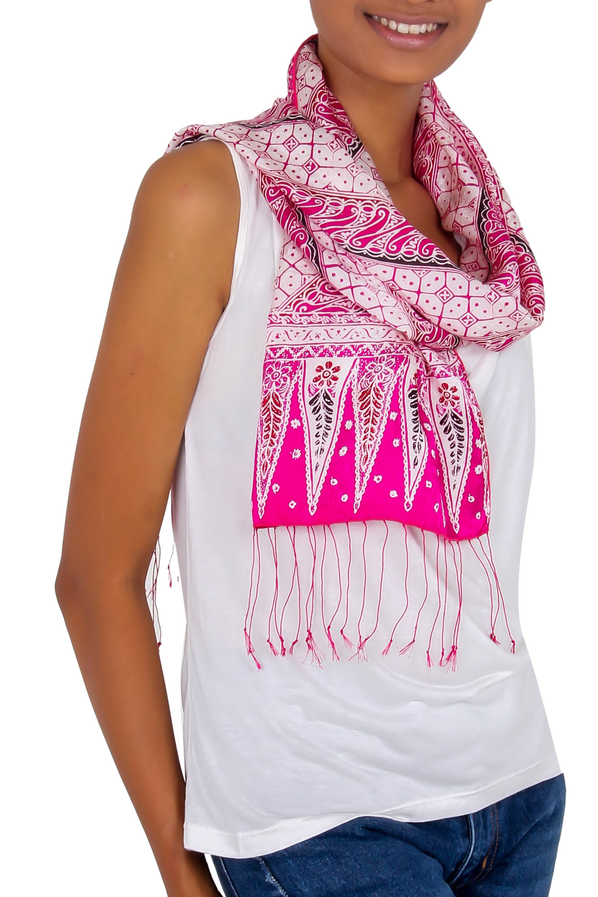 Premium Pink Fantasy Silk Batik Scarf - Handmade in Indonesia