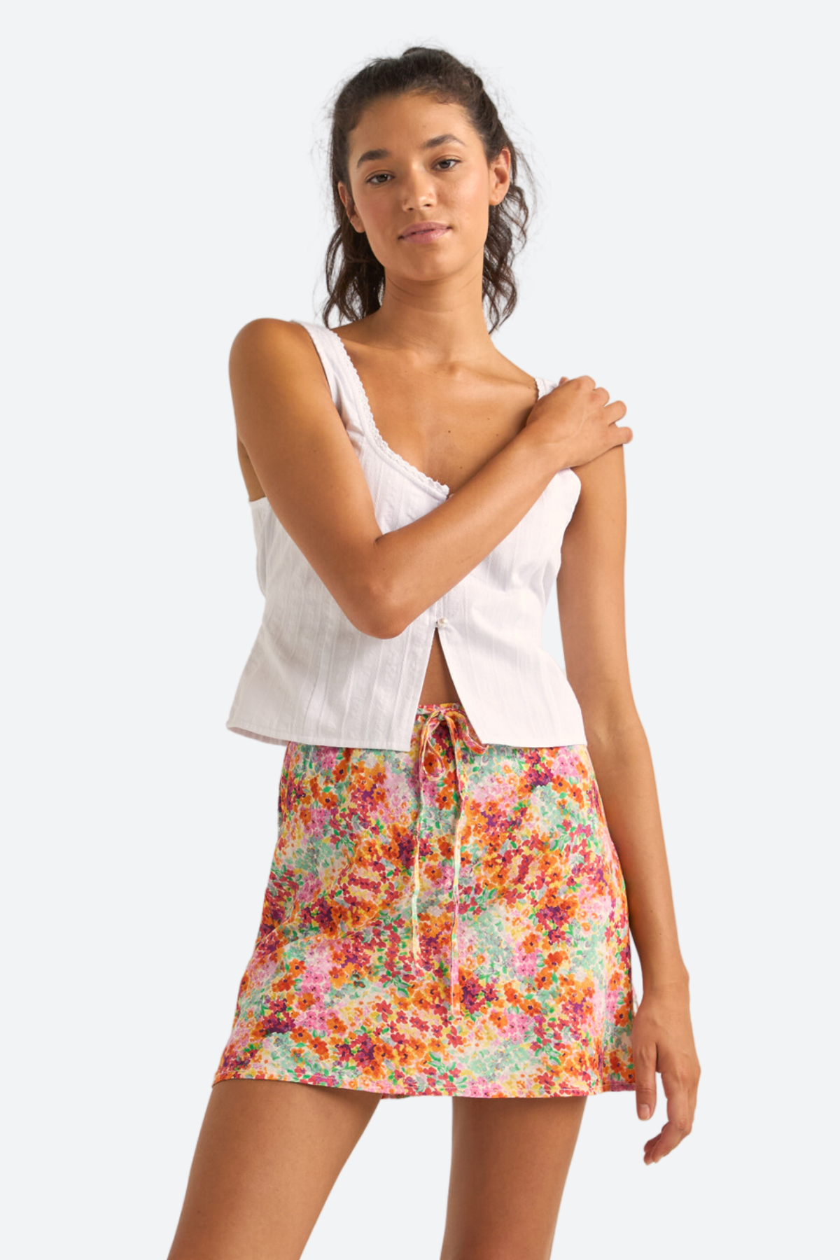 Premium Rhythm Sierra Floral Bias Cut Mini Skirt in Orange - Effortless Chic Style