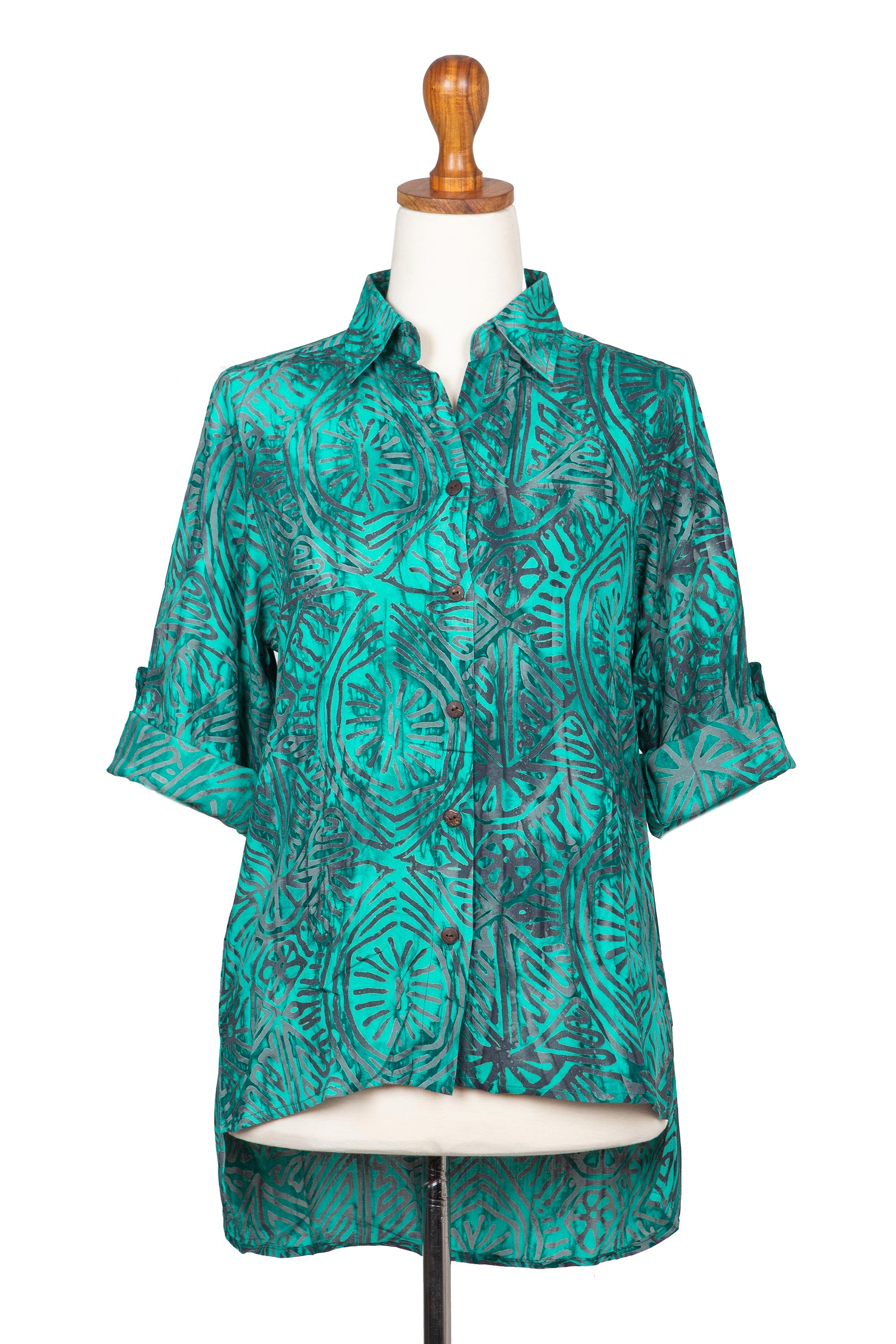 Premium Handcrafted Green-Blue Batik Rayon Blouse - Eco-Friendly Elegance