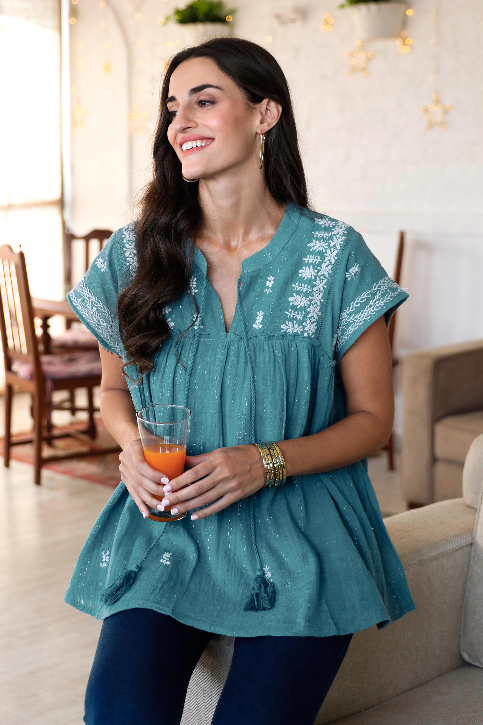 Premium Hand-Embroidered Teal Cotton Blouse | Casual Elegance