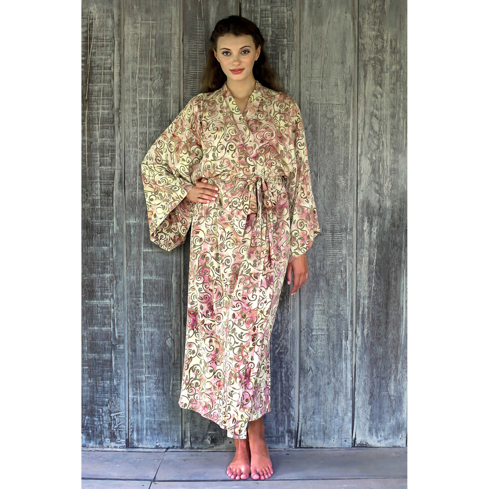 Premium Floral Rayon Batik Robe - Beige & Magenta