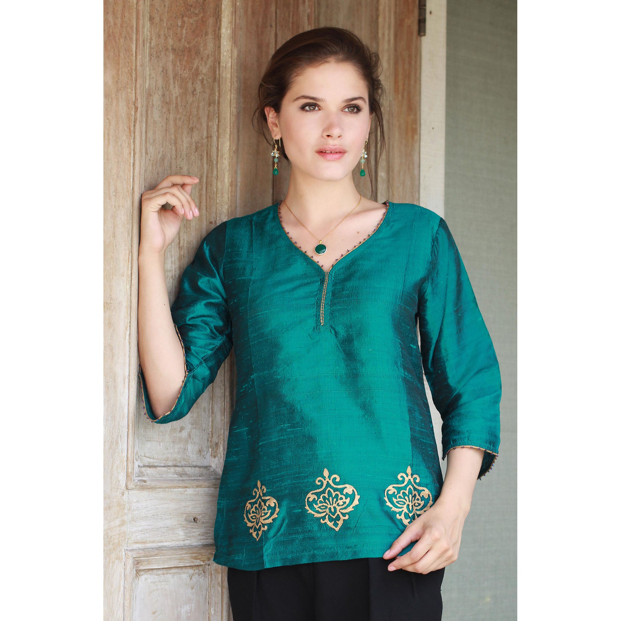 Premium Emerald Empress Silk Tunic - Handcrafted Luxury