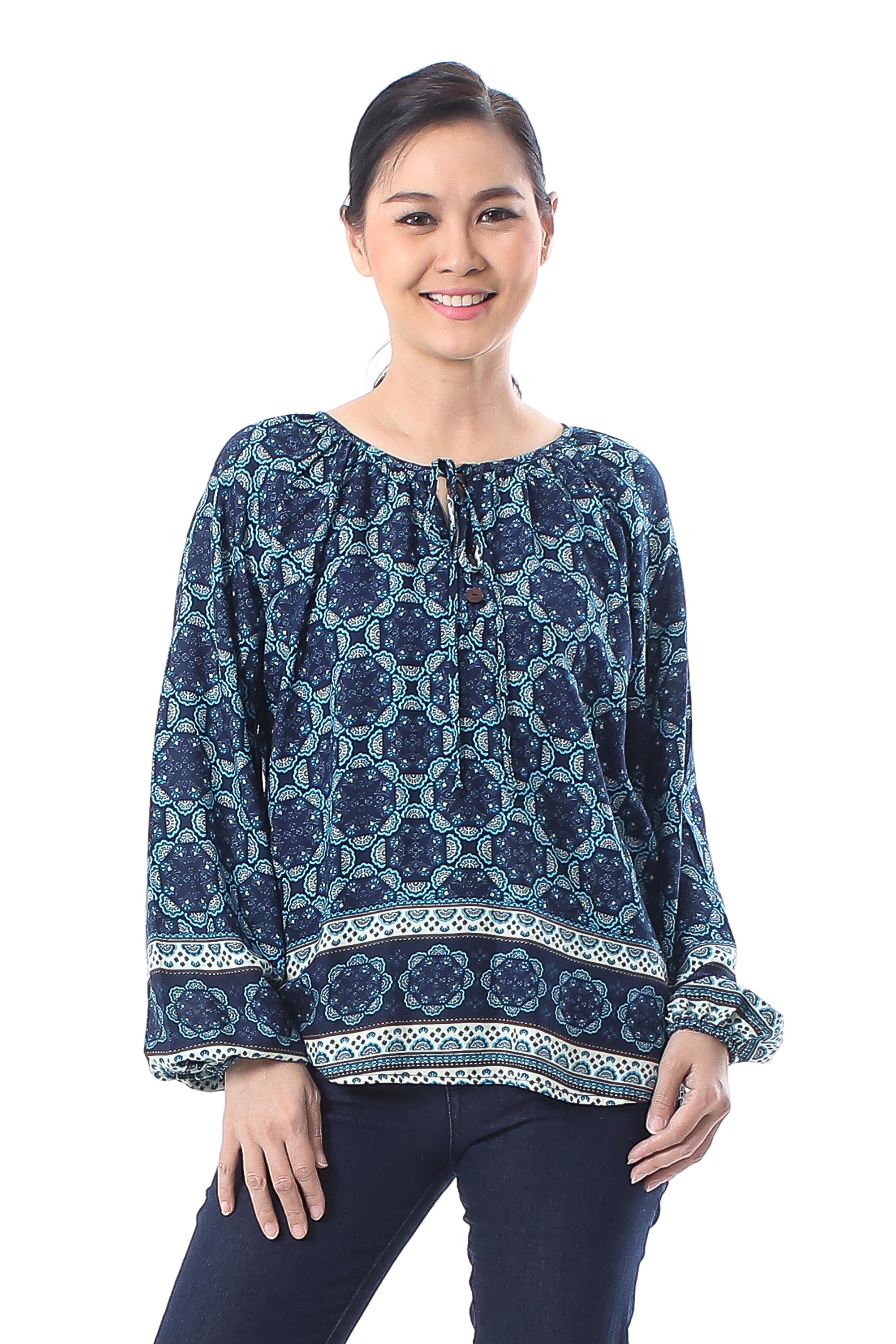 Premium Blue Rayon Blouse with Floral Motif - Elegant Evening Wear