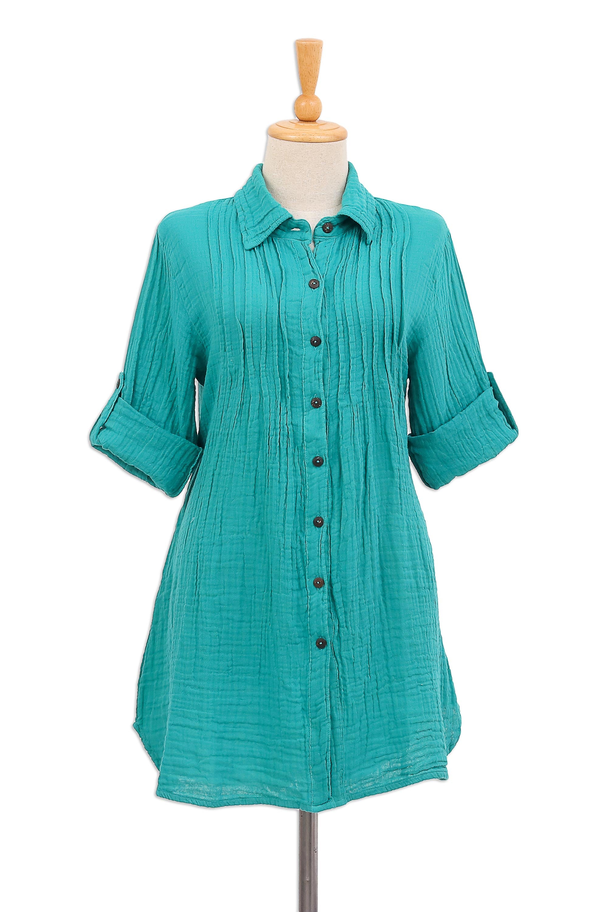 Premium Turquoise Pintucks Button-Up Shirt – Handcrafted Cotton Gauze