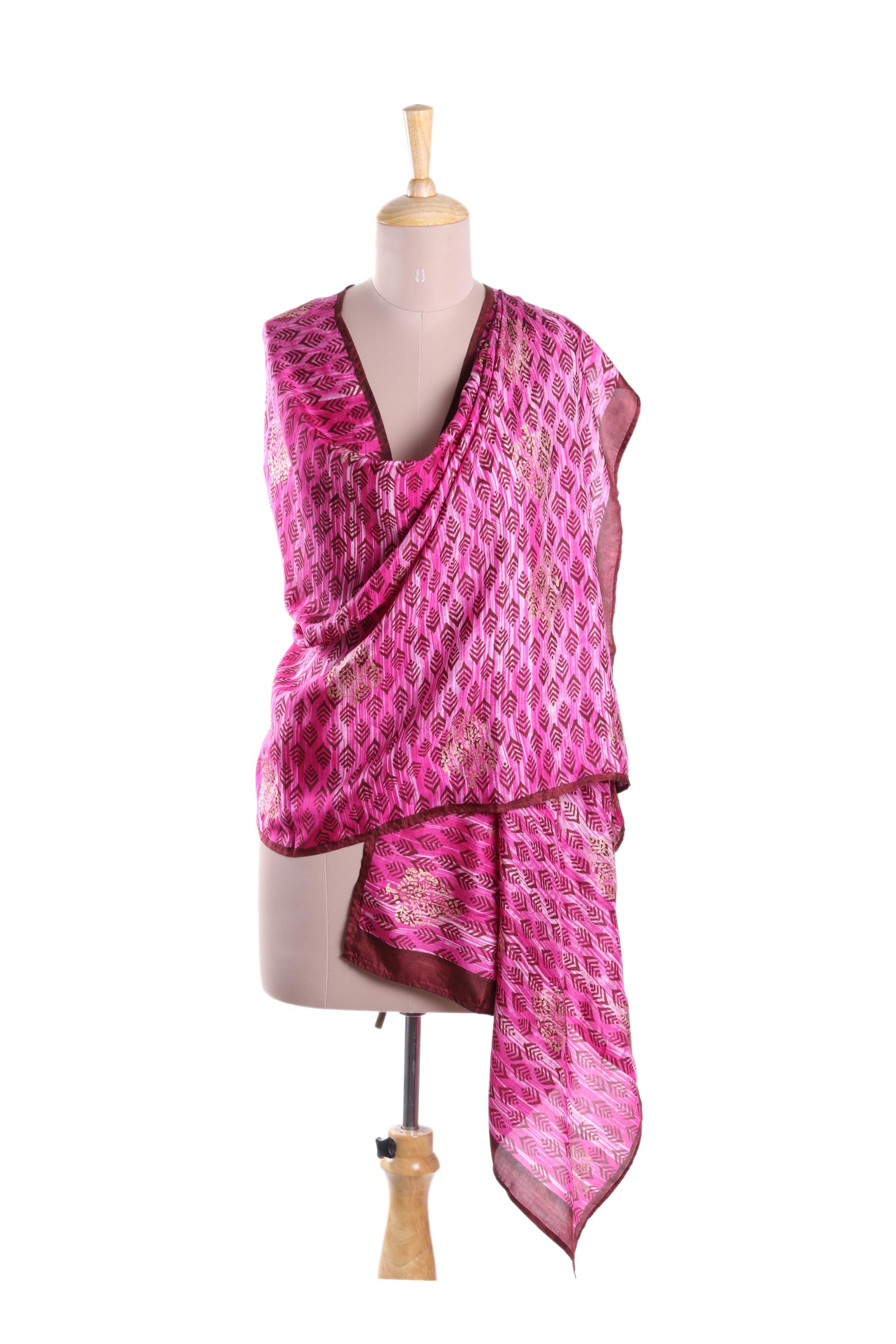 Premium Rosy Leaves Silk Shawl - Handcrafted Red & Brown Tree Design