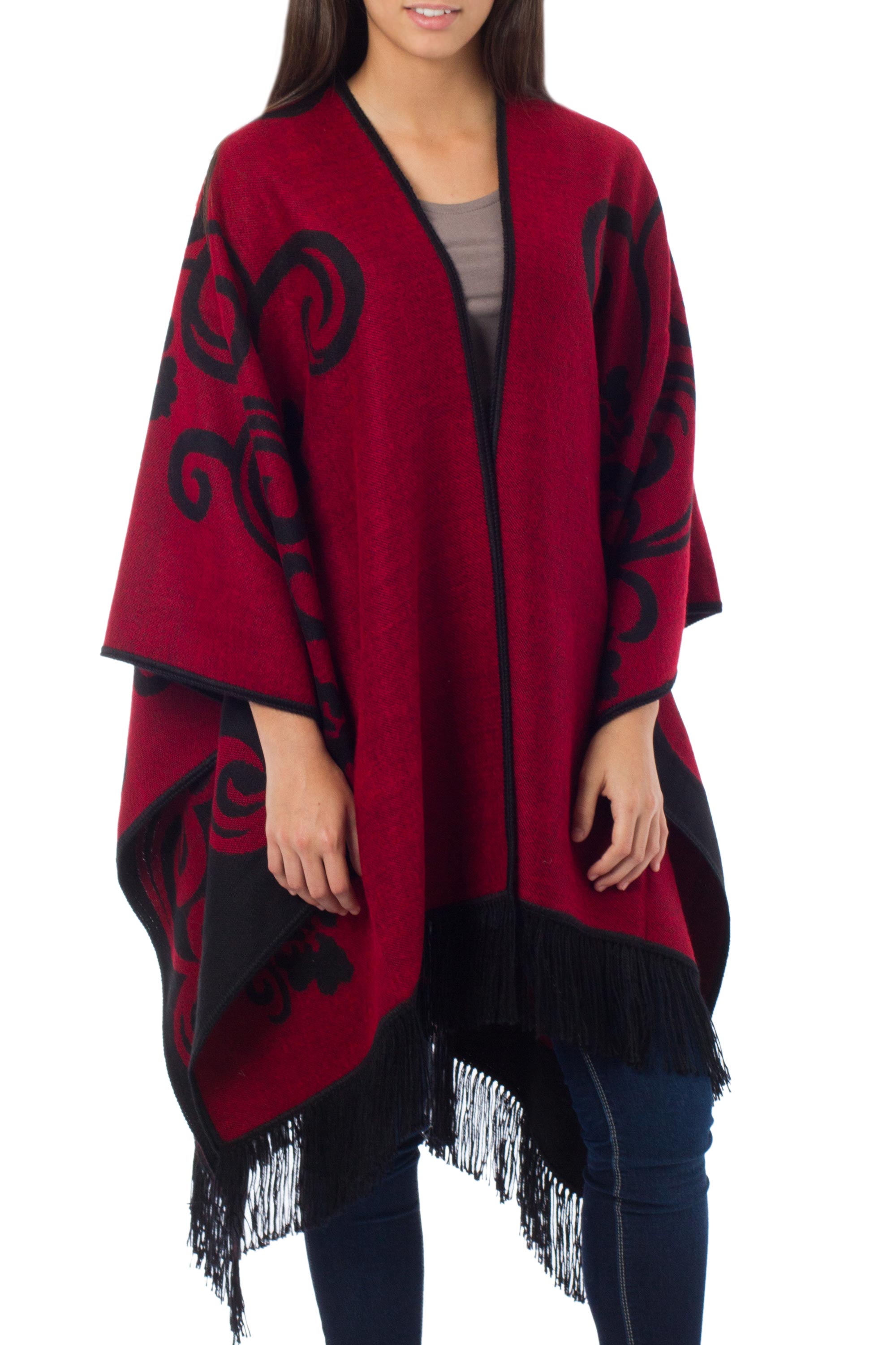 Premium Reversible Alpaca Poncho – Strawberry Blossom Design