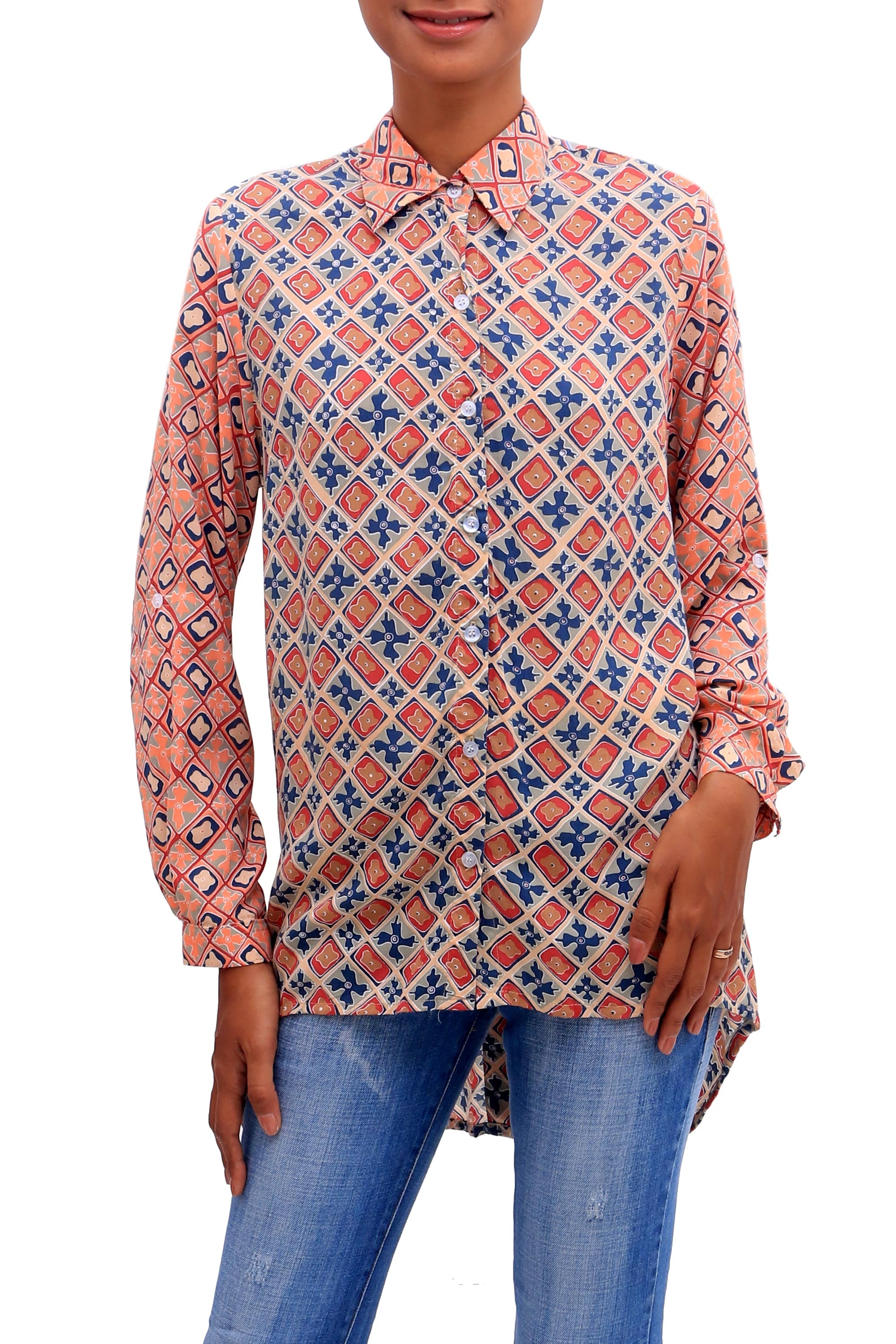 Premium Crisscross Chili & Azure Printed Rayon Tunic - Handcrafted in Bali