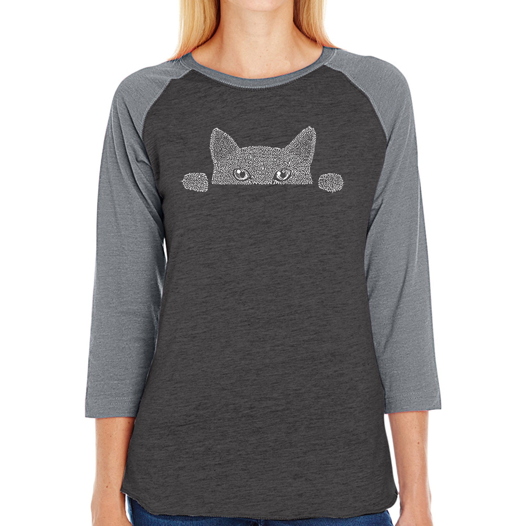 Premium Peeking Cat Word Art Raglan Tee - Women's Baseball T-Shirt