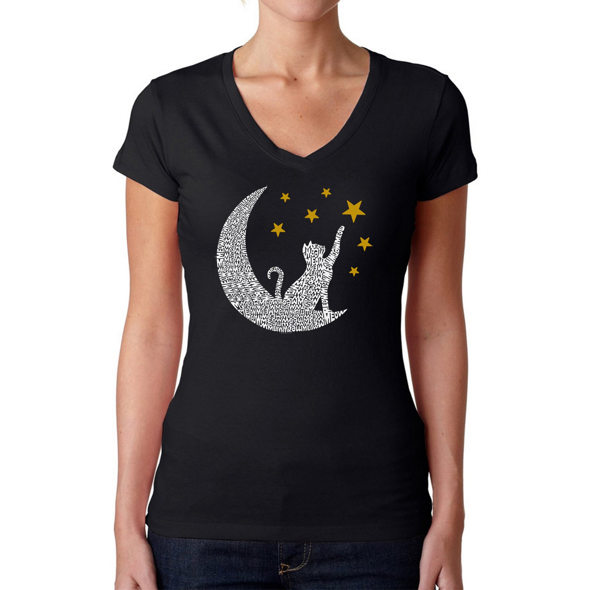 Premium Cat Moon - Women's Word Art V-Neck Tee