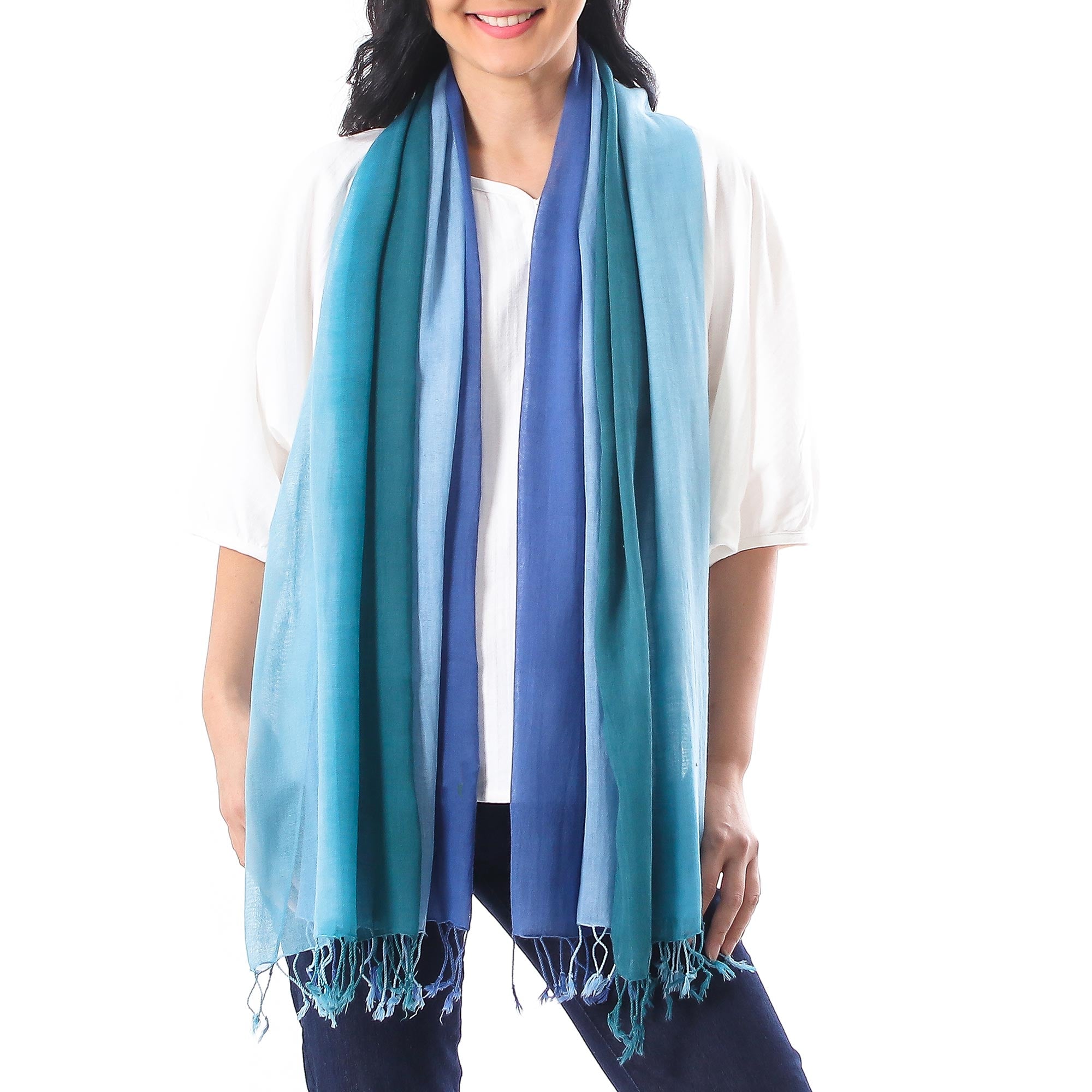 Premium Handwoven Cotton Wrap Scarves – Blue Ombre Duo from Thailand