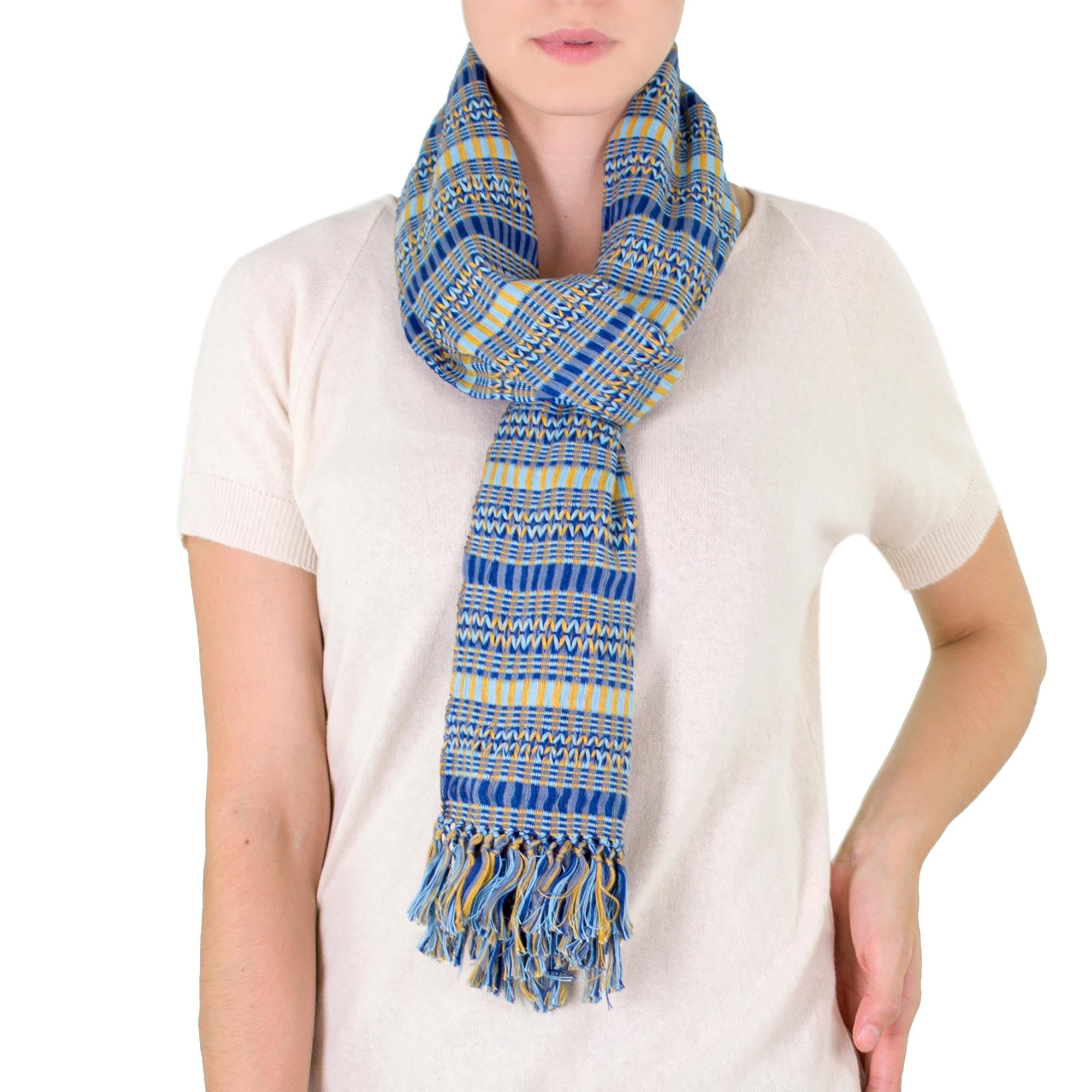 Premium Atitlan Sunshine Backstrap Loom Scarf - Organic Dye Blue & Yellow