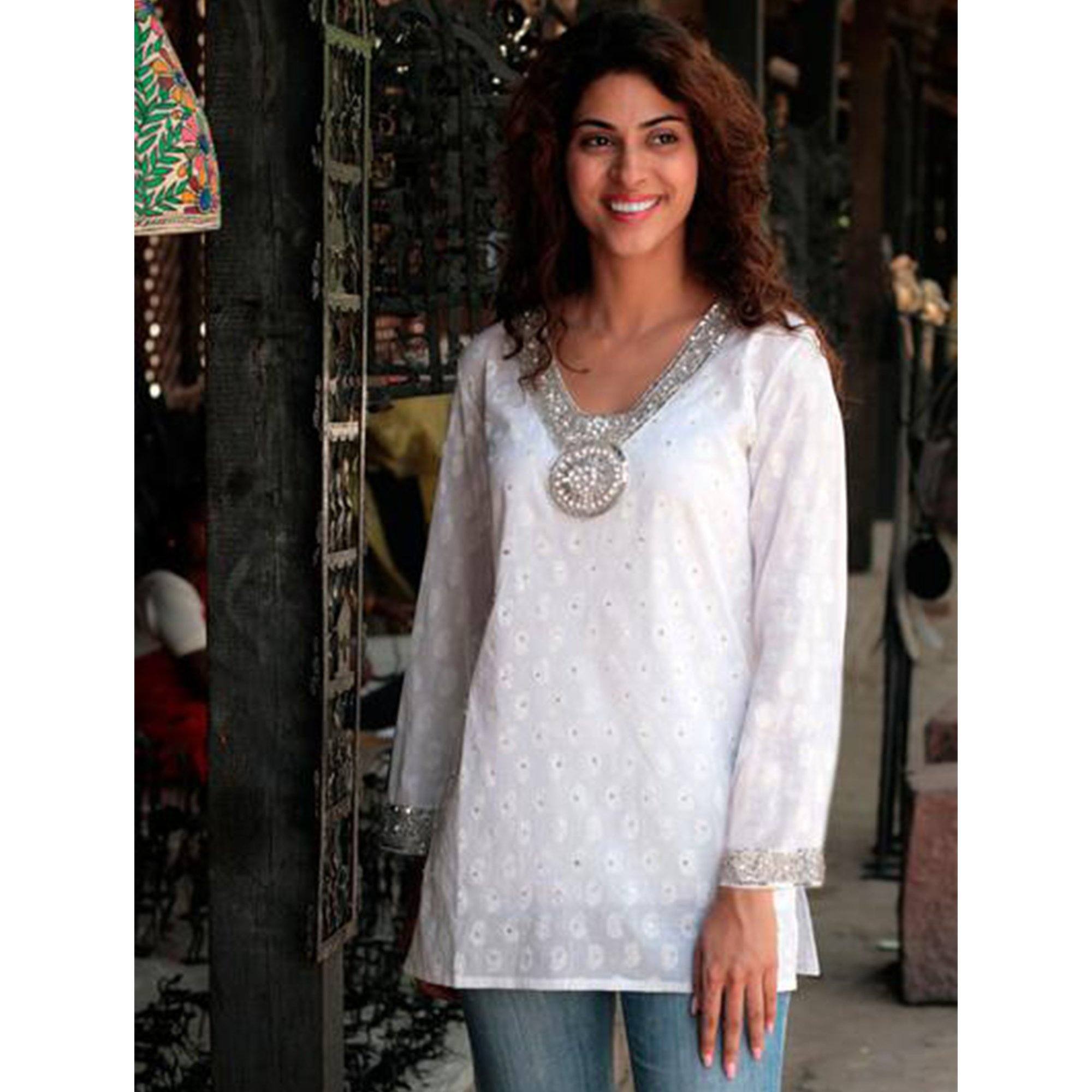 Premium Handcrafted Cotton Beaded Blouse - Elegant White