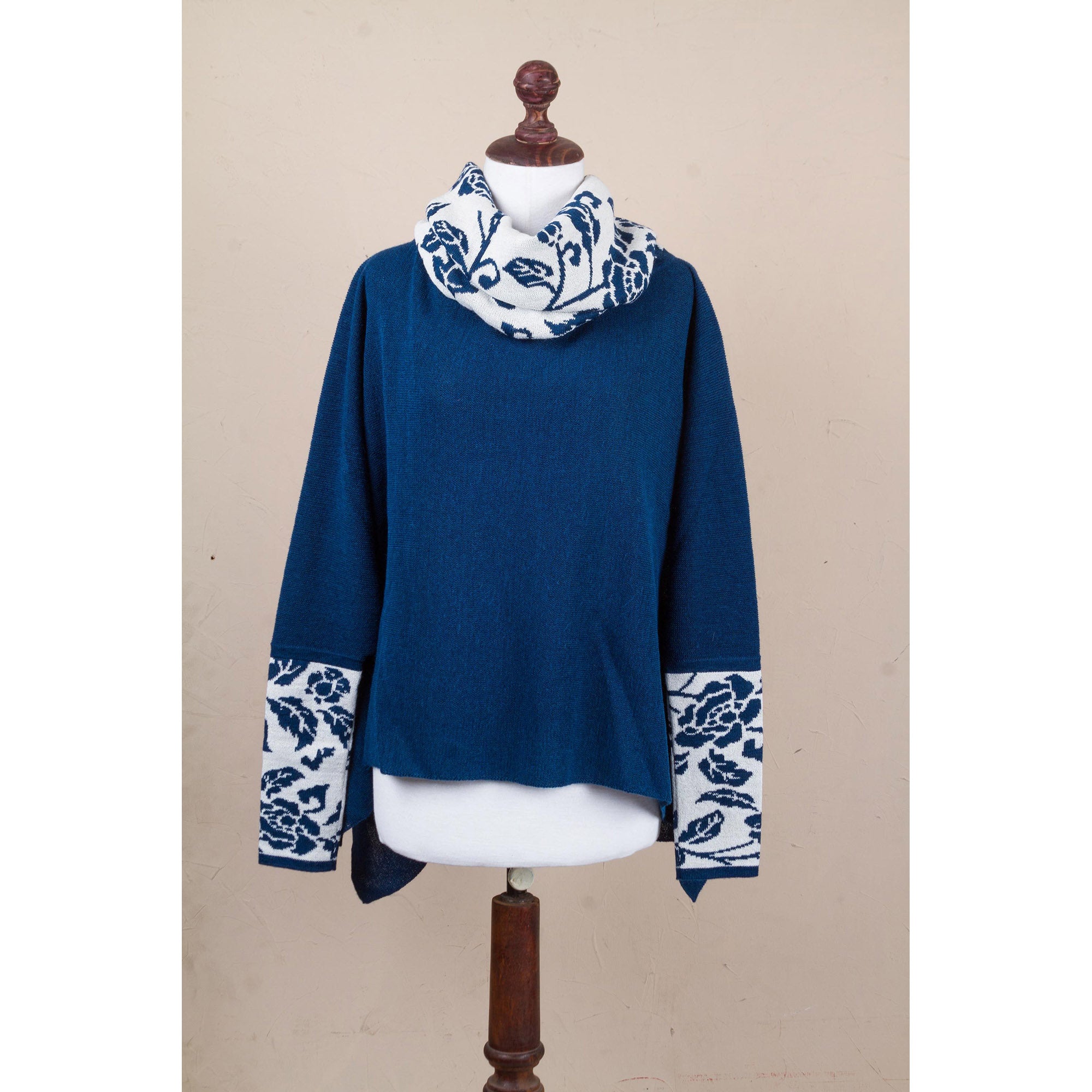 Premium Blue Roses Alpaca Poncho with Sleeves