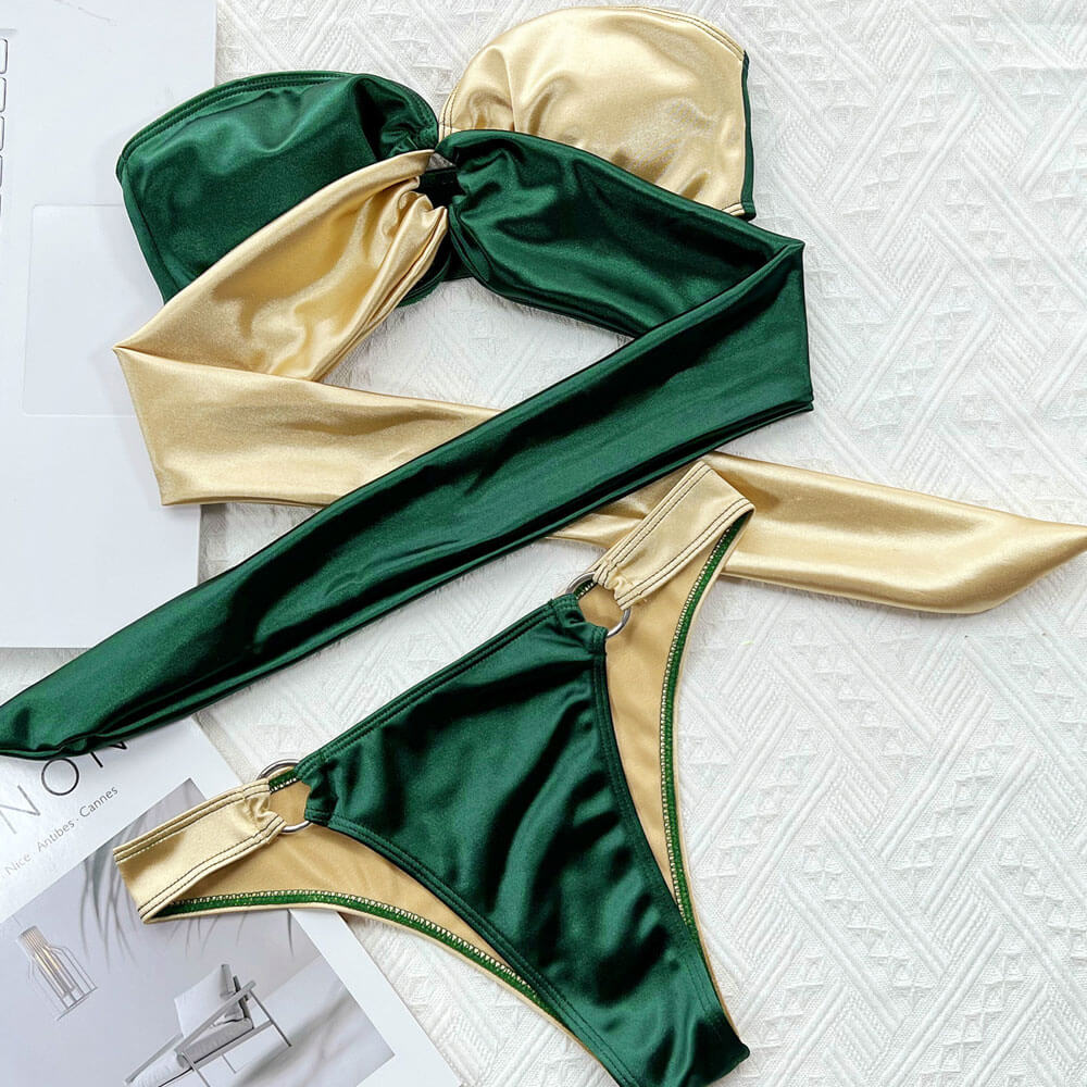 Premium Shiny Colorblock Brazilian Bikini Set - Vintage Modern Style