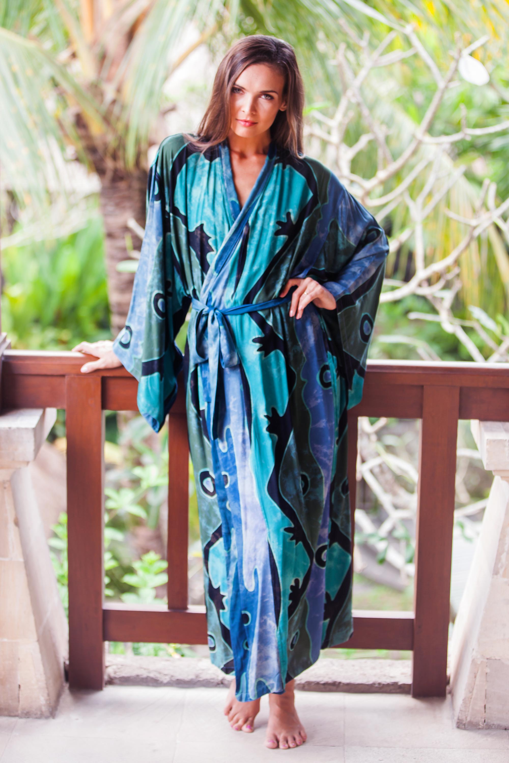 Premium Seaside Blue Women's Batik Robe - Short | Handcrafted Luxury