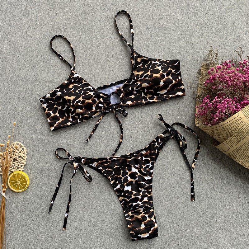 Premium Leopard Print Tie-Front Brazilian Bikini Set