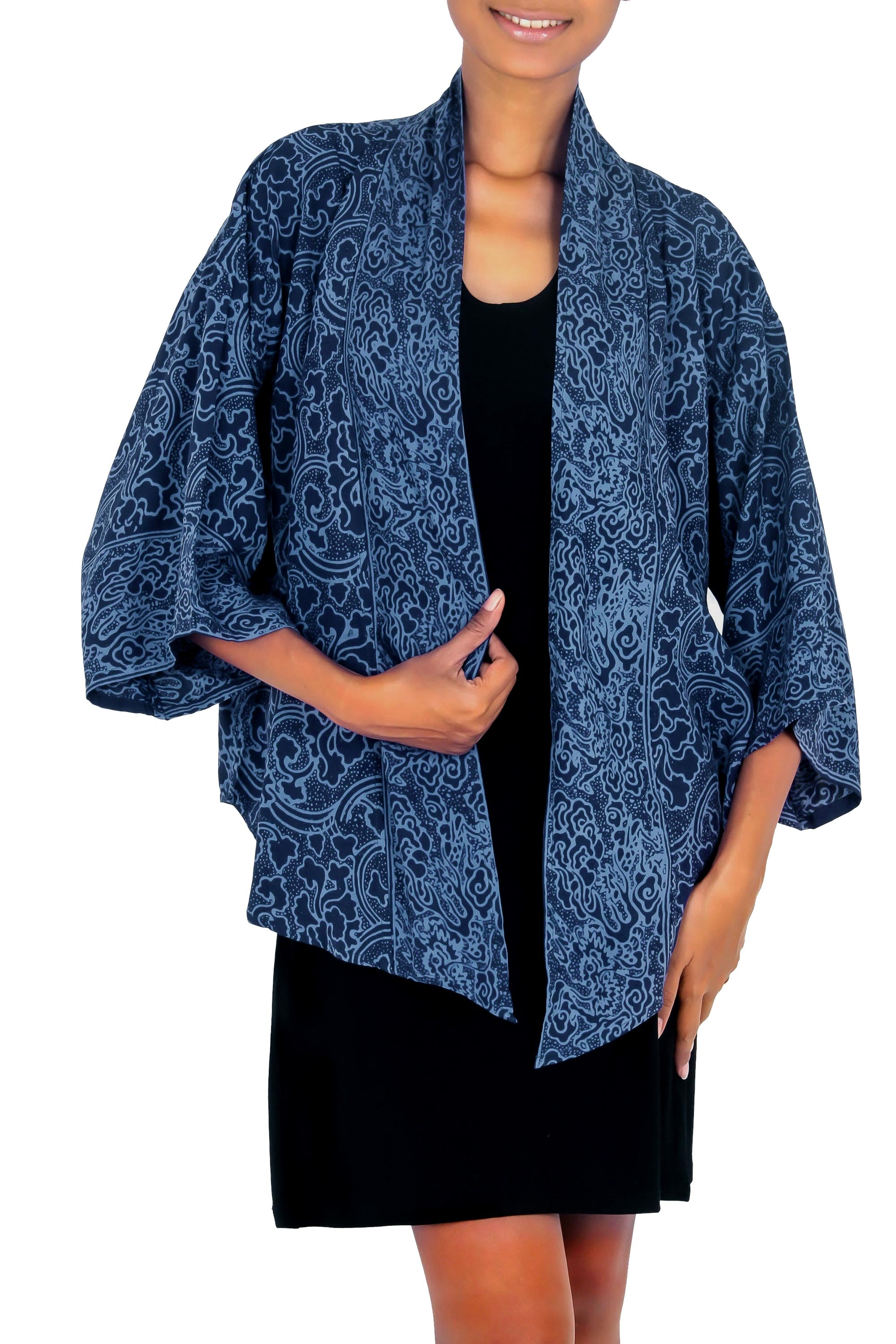 Premium Indigo Garden Blue Javanese Batik Rayon Kimono Jacket