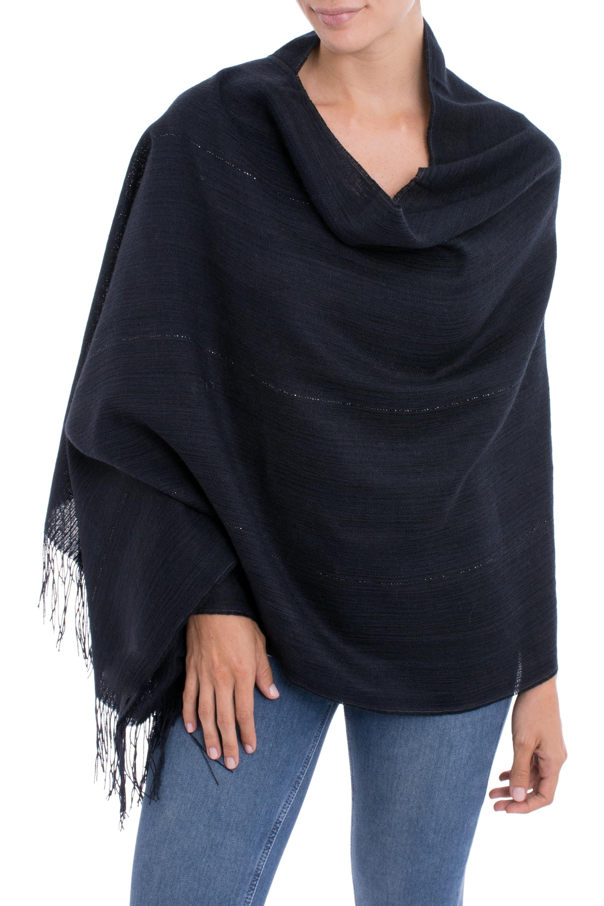 Premium Midnight Blue Alpaca Shawl – Handwoven in Peru