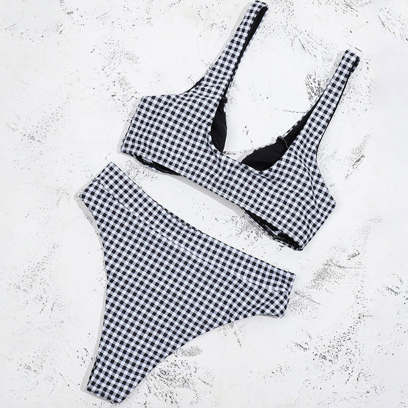 Vintage Gingham High-Waist Brazilian Bikini Set - Premium Two-Piece Swimsuit