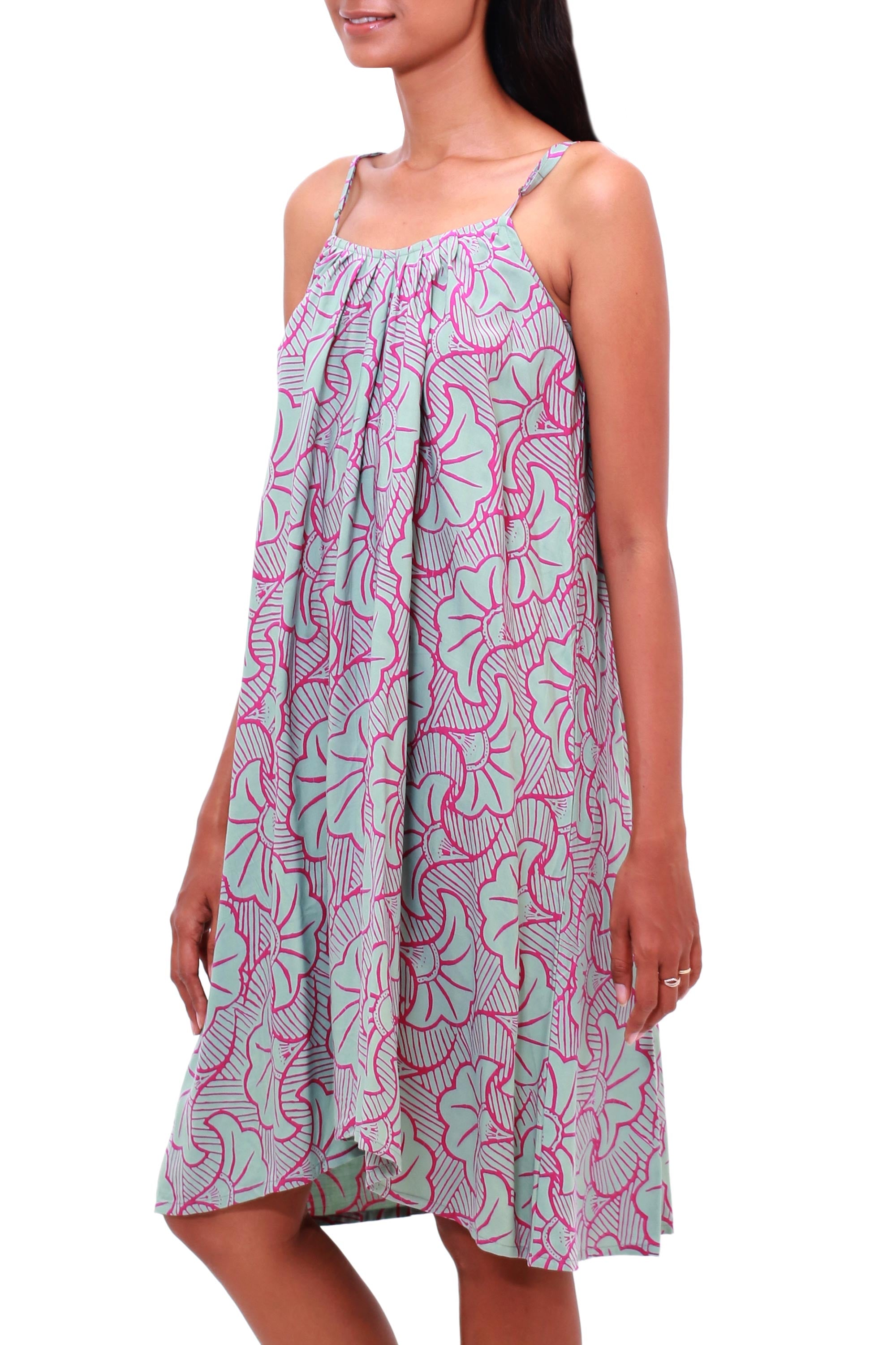 Premium Handcrafted Gingko Leaf Batik Rayon Sundress - Green & Magenta