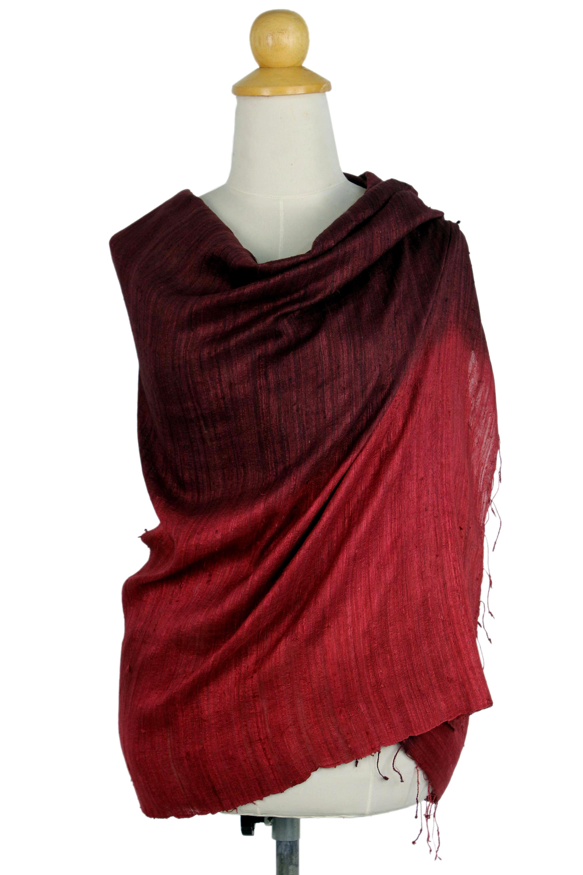 Premium Red Peony Artisan Silk Shawl with Fringe - Handcrafted in Thailand