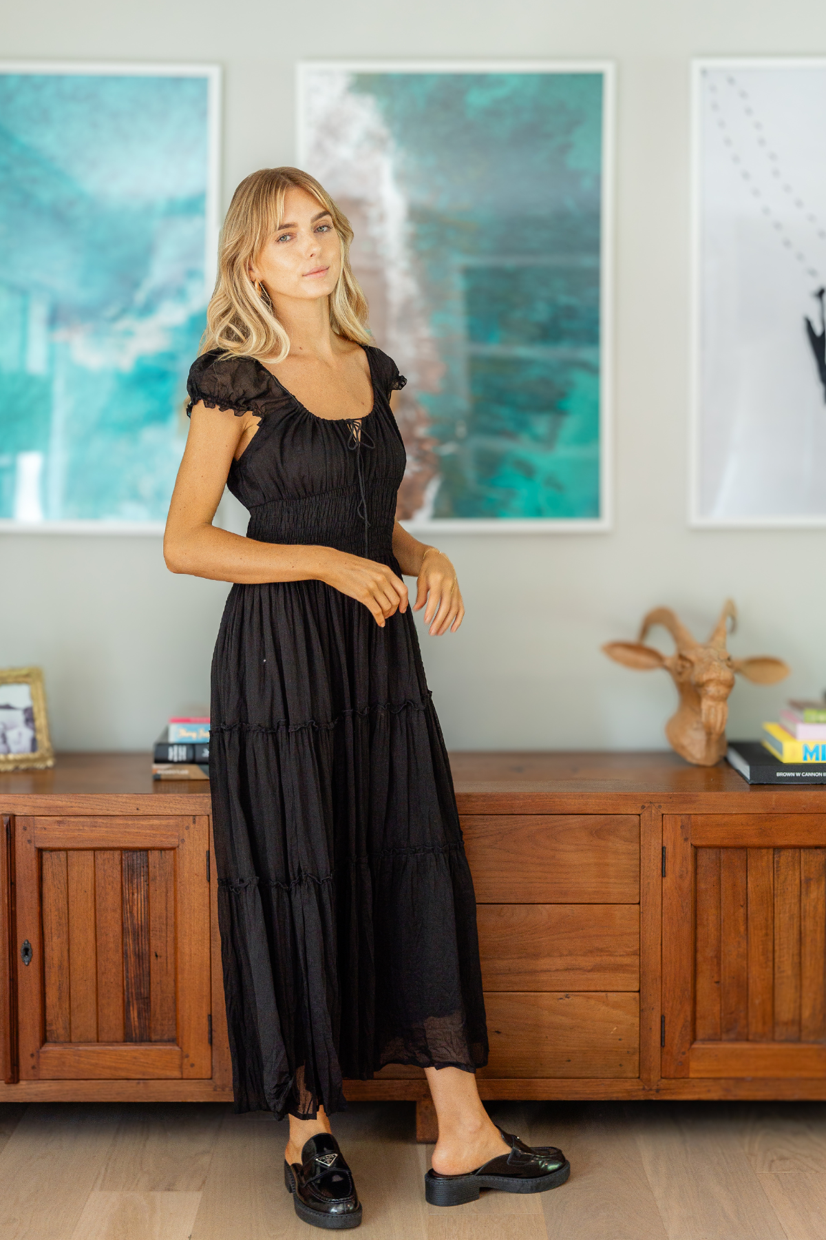 Premium Golden Trip Cotton Gauze Maxi Dress - Elegant Black