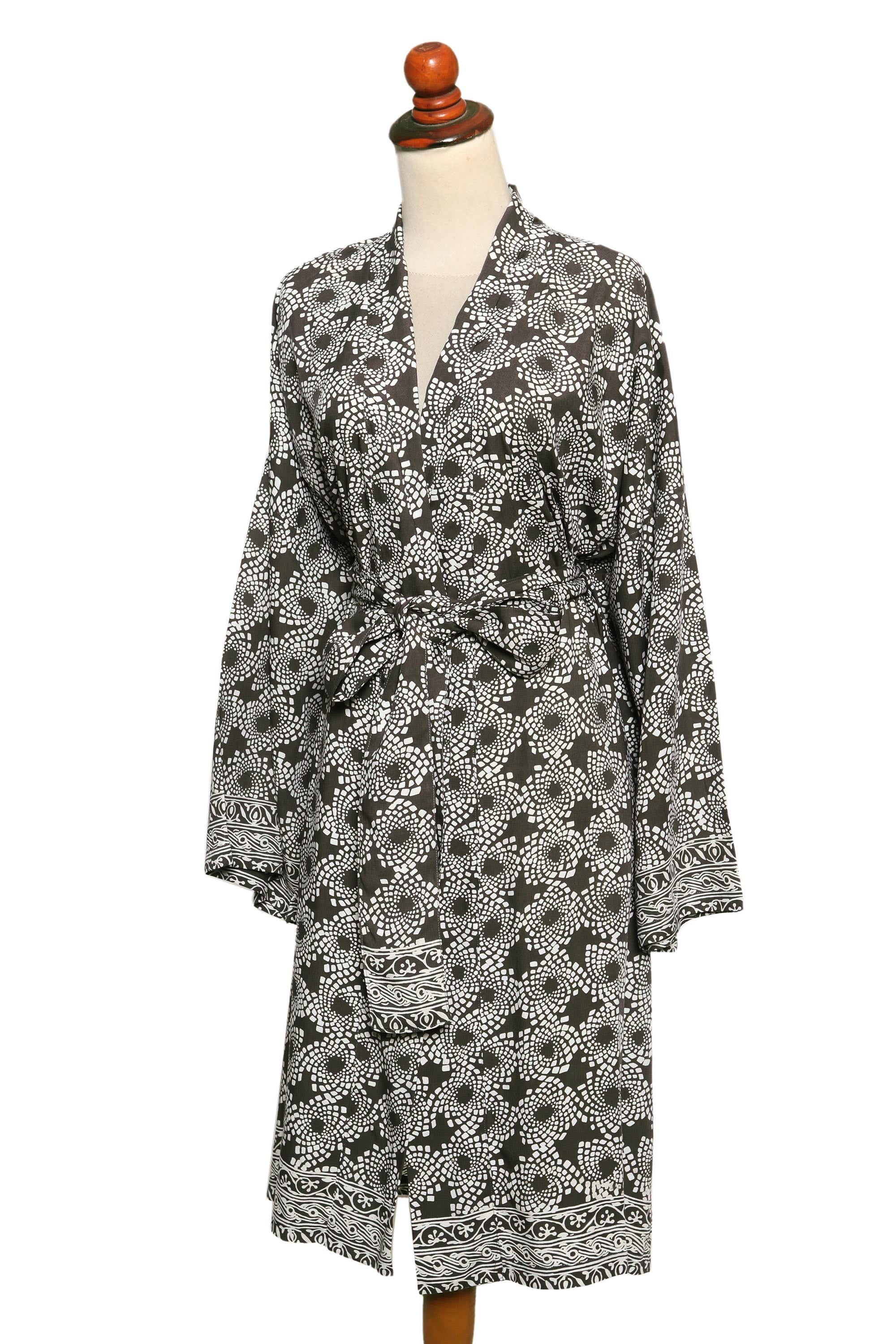 Premium Pewter Grey Batik Rayon Short Robe - Handcrafted Luxury