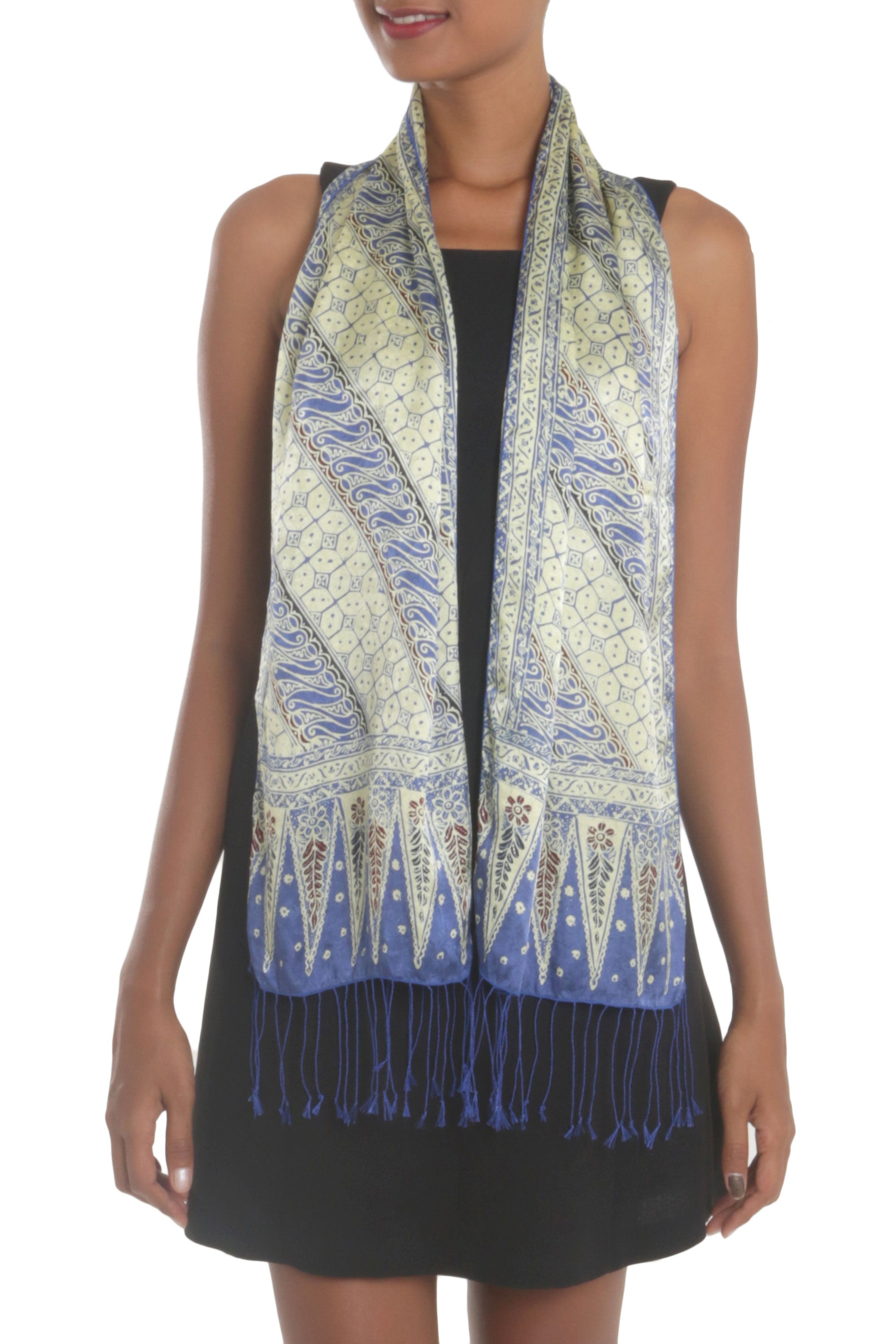 Premium Indigo Batik Silk Scarf with Traditional Parang Motifs - Handcrafted in Bali